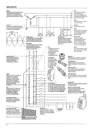 ElECTRICllY
:-~ live
i Electrically connected to a
pluse
Thefr3ctlonaIpart ofaper10d or cycle
through which tlme hasadv;i nced.
measured from aspecified reference
point and often expressed 3S an angle.
.--------------------------------,+- souru ofvo/t.age. or
electrlc~11y chJrged SO;/S to
hJve.3 potential different from
thJt of ~rth. Also. hot.
dead
Not electrically conr,ected to
;J source of voltage.
ground --- ..•...._...•.....-_...,..• _. ~- neutral
Aconducting connectlon ~tween an . i. Not electrically char~ed.
etectrlc circuit or device and the earth t-------'-"'"'----'"t---.---t--"t-"'--~..:.--'---'-"-t'_-+_-_+_--+~
orotherpointofwopotentlaL 9 120V 208V 208V fauft
• A1oc31 failure In the Insulatlon
one Ie 1C.:)V 120V or continuity ofa conductor.
120Y 2::'; 120V 120V or In the functlonlng of an
electrical system.
single-phase ____._...._.L_....._.......... J three-phase _..1 short circuit
Ofor pertainIng to a circuit energized
by an alternating current with one
phaseor with phases differing ~ 180°.
two-phase
Ofor pertaining to acircuit energized
Ofor pertainIng to acoml?lnatlon
ofthree circuits energized !1y
alternatlng currentS or voltages
differing In phase I1y one third of a
cycleorl20~
An abnDrm3I. usually
accidental condition of ~w
resistance Detween two
points In an electric circuit.
resuit1ng In aflow of excess
current. Alsa called short.
bytwo alternatlng currents or
voltages differing In phase ~ OM
quarter of a cycle or 9O~
t! /
/
_r-- -- -- -----1---1
~!witch -----....---.-----. .... I
Themalndlsconr.ectforU!e I -'" .-•.J -1:' I
: : / r
entlre ~al system ofa I ; ;! I
ruildlng.exceptfor.3ny : i· : .: I
emergency power systems. I L.._ .__ 1/ I
I r- -'- -! I
I i : !
r'" f.;~
:' ;. device ccntainlng 3 strip
C'" I'Iire of fusible metal
;-.7; melts under the heat
r Auced P:texuss
c='t~ ~
lr-
.cTUptlng the cIrcuit. . I
rnwlem~1
"".')'ofvarious metal
p;;:rt ~eIow :3000F ~"
(:'7C). used as soldu ~
;;-j in various safety "
~4'~.Alsccaned ...._
plug~
shock
The muscular spasms causta
P:t an electric current passing
through the body.
Afuse hooslng " fuSl'c!e fink In aporcelain
cupfltt.ed wfth a threadeJ metal base.
cartrWge fu5e
Afuse havlng aont-Ume or renewable
fuslv/e I1nl: enclo$ed man lnsuratlng fiber
tuDe.
I l ; ;
I i : I
I ;. i I
i!...')'s havIng 41 rrodtlng ,
f~si~e alloy. :___ knife·!1lak fuse
I :.. --l - I ./ A C3~ fuse having ;l nletal ~!ade at
I I i each end for makIng ccntact with the
-- --...;.- -- .....;.------~
~a=rdon which are mounted the F= -.=--=-. =.-::: :-"-='====-'="""""'l
swftches. fuses. and circuit ,: i
Pre3~ersforcontrolflng4lnd Ii ~~
protectlng anum~erofslmllJr: 'I
~ncltcircuits. Installed 'n a l! ~ ;1
: - - : r - .
caPlnetand ACCeSslP!e from the I; . 11 .• ...
front only. Aisocalled Ii ~ ,-.:r----~ CIl"'Cuitm.ker-~
pandl7~rd. -=========4=~ll ~~ A$fofitch that 4Iutomatlcally Inttml~ an
I! --:,- ~.rlc cIrcuIt to prevent excess current
"us .....--.._. '-'" .......... _...... "--'Ir" :1 fr..-, damaging apparaws In the cIrcuit or
Aheao.'Y conductor. usuaIly In the Ii ~_._"_ ~ causing ~ fire. Acircuit In'eaker I13Y Pc
form ofasoIkIcopper b3r. used I~ :' rec'~ and reused witl10ut ~t
for collecting. carrying. and n "..-..----+- of i"Y components. Also called ~Ur.
dIstc1ht1ng brgeeltctric /l :1
'""'"'t~Also "lied...s~". '.... Ii.!.... :=:--;t~':I:--------------
grounded conductor -............ - -- t -- :j
Any ccnductcrofan electrical Jl ,---....------:0'1--------------
fusl~le fink withIn.
time-deL1y~
Afuse that klays opening to allow;i short·
term ovedc3d to pass. 35 when starting a
motor.
ground fault
Arnoment<iry. usually accldental. grounding
ofaconauctlng wire. .
ground·fault intempter
Acircuit ~ker M 5C1SeS currents
caused by groond fa ults ana
Instantaneously shuts off ~r Pefure
damage or InJury c.n occur.Al7!:>r.: §til
system IlTUntlanally connected I: :1
to a ground ccnnectlon. :1 .~.:..____:,~~-_------..__-----_-----
grounding electrode
Accnductor. as ametal ground
rod. ground plate. orcold·water
pl~. flrmly embedded In the earth
to est3l7lish aground connectlon.
76
L~:==:~~~=~~~~~:~-:j-----r-------------1
ground wire ~.--; !
Aconductor ccnneck.J electrlc : er3
eqUipment or aclrcu:t ioaground L____J
connec~.Alsocarlid ~f'oundlng
conductor.
I;
u
u
u
l
I
L...
 