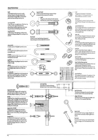 FASTENING"
~It
Athre3ded metal pin or rod. usually
h3vlng ;1 head at one end. des~ned to
be Inserted through holes In assempled
parts and secured fly alTt3tlng nut.
carriage poIt
Abolt having arounded head. aflat beJring
surface. and asquare shoukJer for
preventing rotation, used where the head
/Tt3j' ~ Inaccessibleduring tlghtenlng.
machine 170ft
Abolt having aflat ~ring surface and a
squareorhexagonal head for tumlng with a
wrtnCh.
exp.an,lon 170It
An anchor bolt havl~ aspnt casing that
expands mechanically to engage the sides
square head
Abolt or screw head having 3 5quare shape
designed to !?e tumed with awrench.
~-. neck
~
. >_. nut
,.: Asqum~orr.eX310nJlrre:"'lbloc.l:
,,~,: pm'or.lted wr.:h athreadd r.ole to f-:
... '" around arJ secure abort cr screw
i Thepartontheshankofaboltnextto ~~ locl:nut
: the head. esp. when It has aspeGlal fOI1!1-'" ~ Anut speci3l~ constructed to prO'Y"je
© ~~~ ~.. :t<~:::WU'M,"d,~re<o,
Anut having r3d1J1 slits onl1;s outer fJCe to
Olilowa locking pin or wire to!?e Inser-..ea in
O
Fi--I ~ 'both the nut and a hole in lts bolt. Ats-J
~UI+-,1l-_----"=.:..-JC!E~~'m~~~~~,~"
_ db :~:stlenut.
hex head
. l:J/ Anut i1Jvlng ahexa90nal base <lnd ,dcmed
Abolt or screw head having ahexagonal
shape designed to ~e tumea with awrench.
" tcp to co<er the threaded tr,d of 3 screw.
-', Also called ac..om nut.
"'""""""'" ,jJ ~:~t~:;~two flat P"'J«tl'g pl=s t"-'t
~ provide agrip for tightening wtth the thumb
and forefinger. Also called thumlmut..
0---.~~~teddis( of metal rubt>er, or
~ piJstlc. used ur'krthe he3d ofa nut or bort
or at aJoint to c!stribute p-ressure. prevent
"fi) m? IeJI:"':le. or rerle1e friction.
&W lockwashu
@~
~.
Awasher speciJlly constructed to p~ent
anut from sh4klng loose.
103J·lndicm~ washer
AW3Sher havlng small proJect1ons which are'
~ressfvely futtened as aDolt 15
~htened. the,ap !?etwe.en tr.e he3d or nut
ana the washer Indicating the te;lslori ill the
Dott.
ccun+...erPore
To locraSoe the d~meter of 3 portion cf the
~gth of adrilled hole to receive the he;;id
or nut cf aDolt or screw.
row spacing -$- __ • __ +
The center-tc-centerdistance I I I I
~tween two or more rows of bolts, ~__ .. ~ +
..... end distanu
;" ".
of. hole drilled In-nusonry or concrete. .
Melly ..__..____________....__n . . . . _ • • _ . . . . . . _~
The dlstance ~een tneend of• ~
"oJ the center of the ~rest bolt !IoIe.
:............._..-.. edge d15tan.ce
rraaeman: for.a Pr.lndofexpansion bolt
h2v1~ ;I spilt. sleeveltl:e sheath threadeJ so
th.t wmlng the boltdraws the ends of the
s~th togetherand spreads the sides to
enga¥;I hole drltblln masonry or the Inner
sumceof ahollow wall.
exp.an,lon 'hiekf -.-.-----.-'--' ---- ...-.- -- -"'-'-- '--'
AIt3d or pbstlc sme Inserted Into a
predrliled ho~ and expancled ~ driving a
bolt orscrtW Into It. Also cal~d expansion
sleeve.
togglel1olt··..··-····· __··-···- ..-····- ..···· -~
An anchor ~olt havlng two hinged wings
that close against aspring when passing
through;l prearilled hole and open as th0'
emerge to engage the Inner surface of ..
hollow wan.
The dlstance from the ~e of atlmbeT •rod
the center of the ne3rest bolt ho~
Iewi5 ~It
An anchor bolt i1Jvlng a~-shapea end
~round which coocrete or Ie3d Is poured ';0
hola It.
fox~lt
An anchor bolt i1Jvlng asplit tnd to re:c.e:ve
afoxtail wedge as It Is scrtwed Into aHind
hole.
11
Ii
IL.
I
I
~ i
!
I
I
r
I
,
!
r
r
l c
l..
 