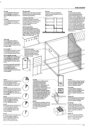 I
'.'
l..
[.
L
l
l
- I
I
firezofl('! fire separation
Arryfloor. wall. or roof-ceiling construction
having the required flre'reslstance ratlng
to confine the spread offire.
fire area
An _rea of aDuildlng ~nc!osed by fire·
rated constructloi1 capal1le of confining
the spread of fire.
Azone of~cttywlthln which cutaln
construction ~ ~re prohl~lted
~useofflrelm3rds present In the
zone.
fire~reak
occupancyseparation _._.._.._--".--_._-..;.. I ':::========~
Avertical or horizontal construction Ll
An open sp.uestabllsned to prevent
the spread of fire from aDulidlng. a
9roup of 7uiIdJ~. ex anarea of a city
to another.
drntstop
Aflre-ratea parlltlon dlvklll19 an
enclc5ed attle spaceof comDustl~le
construction, orthe concealed space
l?etween a~d Ceiling and awood·
fr3 mefloor arove.
having the required flre-reslstance rating
to prevent the spread of ftre from one
occupancy to anotherln amixed·
occupancy Dulldlng.
distance separatlon
1M separation required Petween an
exterior wall of apulidlng and aproperty
nne. the center hne of an adjacent street
or public space, or the exterior wall of an
adjacent I1Ulldlng. all measured at right
angles to the exteriorwall. -1
fire assembly ~ ..-..-- ..................... protected opening _.....• '··-0'" ..__ ..
The assemDly of3 fire door. fire window. An opening In awall. floor. or roof-
or fire damper.lndudil19 all required ceiling construction that Is fitted
Mardware. anchorage. frames. and 51115. with aflre assemlily having the
~1f-c1o,11W fire a'~m'-lu ___•. _•.•, reqUired flre'reslstance rating for
''";lI ."J "Its location and use.
Aftrt asseaWly ~t 15 normallykept In "',
aclos&:! posltIoII and 15 equlppeJ with ....--,-----.. ".'~
an '?~ device to Insure closll19 ~
;arJ latchl~ a&r having Peen opened irl·
for use. ~
,1L[t()m.rtk-cIo'i~ fi~ a~~mbly _...
Afire assemlnythat may remaIn In an
~ posltlon and wiU close
~ utomatlcally IfsuPjected to an
~se In temperature oractuated by
4Smo(e~.
~
-.-.~..-
~
~
" ~
" II
,,----.--~,
UL laPel _..-..- ......_..........- ................,
AlaDeI affixed to 1I11Ulkling maUrlal. -.
component,ordevlce with the
authorization of Underwriters'
LaPora-torles. Inc.. Ind'.catlng that the
FIRE SAFETY
firewaU
Awall luvfng the reqUired fire·
resistance ratlng to prevent the
spread of fire from one partof a
D<Jltaing to "nother, extending from the
found3ticx1 u> aparapet above the roof
and having anopenings restricted to a
certain percentage of the wall length
and protected Py aself·closlng or
autcrr.atlc·closlng fire assemDIy. Exh
portlon of abUlkling separated Dy one
or mere flre walls rruy ~ C<>Ilsklered .iI
~p3rate pulidlng when calculating the
floor area and height allowed by a
I1UIla'lr~ code'l
fire door
Adoor ~l>ly.lnclud1ng all requ~
hardw3re.lInchorage, frames and sills.
havfl19 the reqUired flre-reslstance
ratln~ for Its 1oc1tlon and use.
fire wiI'Idcw
product (a) has 1I ratlng vased on
performance tests of such product.s; (l1)
Is from aproductlon lotfotmd I1y
exJmlttrtlon to ~ maaefrom materials
and Py ~ses essentially taerrtlcal to
those of representative products which
have ~ subjected toappropriate flre.
electrlcal hazard.oroth~ tests for
safety; lind (c) 15 suPj«t to the
reexamination $ervlce of UL
~~.
~. ~:1':~to ,!"""tom"''''1y
:)~.jf/.>' ~!"~~:;:';~dd':::"·"
Awindow ~~Iy.Inc"ldlng all
required hardware. anchorag~ frarntS
and sl!ls. havi"4 the reqUired fire·
reslst;ru mtng for Its location an.:!
u~.
labeled
Ofor pertaining to avulkllng materfal or
as~mply having aflre·reslstance ratlng
certtfW by Underwriters'Laroratorles.
Inc. or other recognized testing
13~aratory.
~ _ " firetUmpu W
=========.,' Adamp!rt),atc!osesanalrduct
autorrut!cJIIy In the event of ftre to
restrict the passage offire and smo(e.
required whae aduct penetrates afire
wan. ftre·rJt.ec/ shaft. orother fire
$ep3rJ~n.
/ fu,ilk finK
II hr,k rr3~ of afusible metal. When
exposed ~ the heat of afire. the nn~
mel:s ,"" cau~s afire door. ftr!!
d3rnpe~. cr the Ii~e to close.
89
 