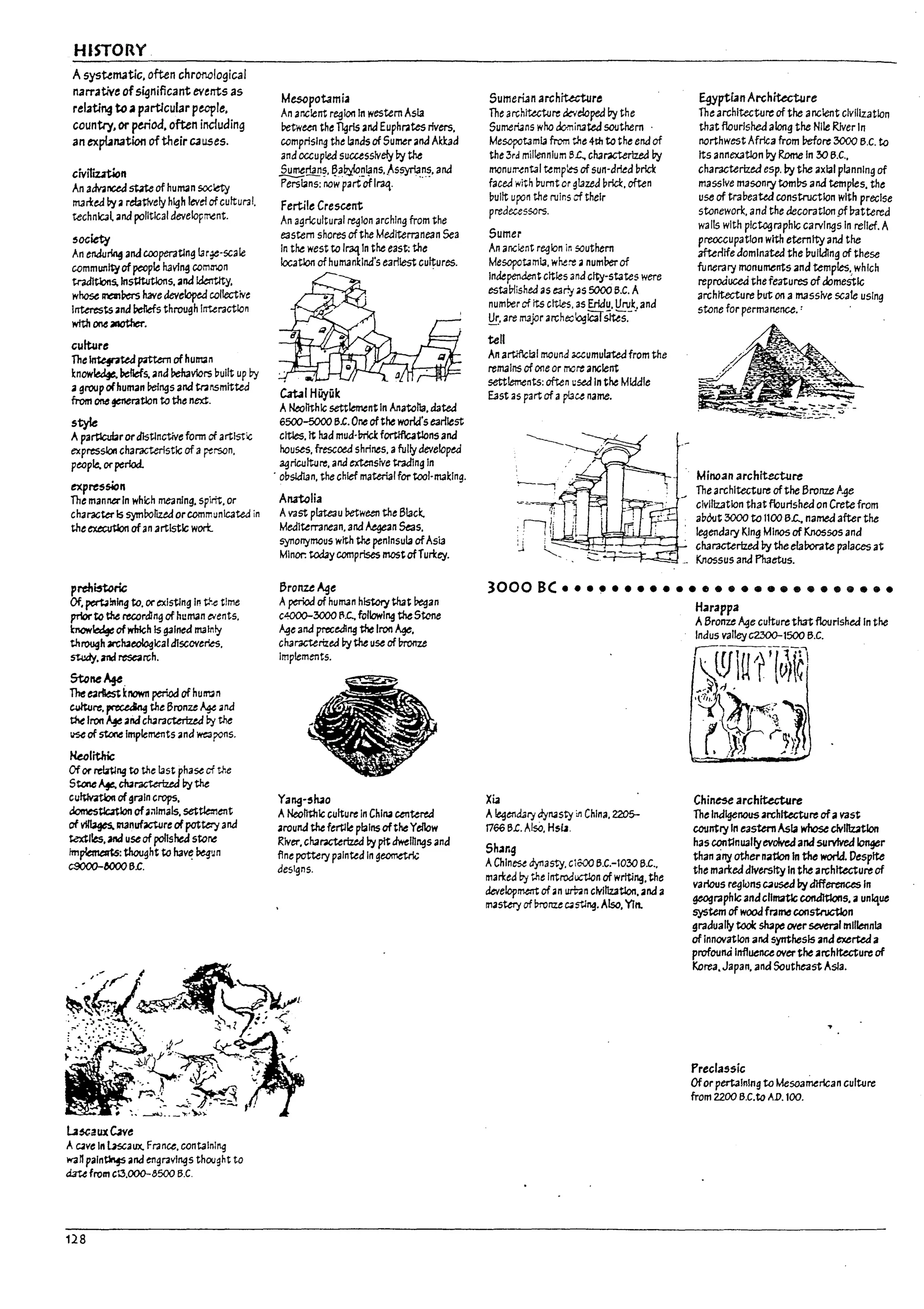 HISTORY
Asystem3tic. often chrOMlogical
narrative ofs~njficant events as
relating toa particular people.
country. or period. often including
an expIJnation of their causes.
civitiution
An advanceJ state of human society
man:ed by arelatively high lev~ of cuttural.
technlc3l and political development.
society
An endurin4 and cooper3t1n~ !ar~-scaIe
communityof pecple havln~ comlr.on
t.raJltb1s, Insmutlons, ..nd identity,
whose It'IeI1Pers h3ve developed collective
Interests and Pellefs throu~h In-<-..eractlon
wtth ~ another.
culture
The~~ofhuman
know~ beliefs. ..nd Dehavlors ~uilt up Dy
.. group ofhuman reJngs and tr.alSmltted
from OM ~tIon to the next.
style
Apartlcubrordistinctive form of artIstic
expression characteristic of aperson.
p~ple. or period.
expression
The manna-In which meaning, spirtt. or
character Is 5yIT1bottZed orcommunlcated in
the ~ ofan artistic wort
preh~
Of, ~"'lng to. or exlstlng IF! t.I',c time
priorto U1e recordln~ of hl!man ~ents.
kncw~ ofwhich Is gained mainly
through arclueologlcal d1scover'.es.
SUldy, and research.
Stcne~.
The e41~ known period of hufro n
Wture. ~ the Bronze A¥ ana
the Iron ~ and cluracteriz.eJ by the
lise of stone Implements and weapons.
HeolitJric
Of or re~"9 tc the !ast phase of tne
5to1e~~~ Pythe
cu/;lvatJon ofgraIn crops,
domestbtlon ofa01lmals, settle:Ment
of vlfiages.ln3nuf~re ofpottery and
textiles. aM useof poI1sheJ sto~
imp!emelrt.s: thought to h3v~ begun
C$OOO-&OOO B.c.
u~aux~e
A~ve In ~aux. France. containing
wan paln~ and engravings thought to
d3U from c13.000-6500 B.C.
128
Mescpotamia
An ancient r~1oo In western Asia
l:>etwU1I the Tlgrls ..nd Euphrates rivers,
comprising the lands of 5umer and Akkad
and occupled successively ~ the
Sumerl3ns. Ba~nlans..Assyrlans. and
~ns: nowpari-ofIraq. .-...
Fertile Crescent
An agricultural regIon arching from the
eastern shores ofthe Mediterranean Sea
In the west to Ir;;qIn the east: the
locatlol1 ofhumanklnd's earliest cu~ures.
Catal HiiyOk
ANeolJthlc settlementIn Anatolla. Jated
6500-5000 B.c.One ofthe walia's earliest
cities. It had mud·1nici: fortlflcatlons and
houses. frescoed shrines. afullydeveloped
~riclJtture. and extensive tradIng In
. o~sldlan. the chief materi31for tool-making.
Anrt.olia
Avast plateau Petwe..."11 the Black.
MedlUrranean. and ~an Seas.
synonymous with the peninsula ofAsia
Minor: today comprises mostofTun:t:y.
Bronze~e
Aperiod of humanhlstc!)rth3t !:>egan
c.;ooo-.3000 B.c.. followIng the Stene
Age ana preceding t:he Iron A¥.
characterized Py the use of ~
Implements.
Yang-'luo
ANeolithic culture In China cenUreJ
around the fertile piaInsofthe Yellow
River. cluracterlzed ~ pitdwelhngs and
flne pottery painted In geomttrlc
designs.
Sumerton architecture
The architecttire ~eloped ~ the
5umer.ans who dominated southern
Mesopotamia from u,e 4th to the end of
the 3rd millennium S.c., characterized ~
monu:r~ntal temples of sun-drlea ~rIck
faced with ~rnt or glazed Prlcl:. often
pultt upon U,e ruins of their
predecessors.
Sumer
An ancient region in southern
Mesopot.1mia. where anumf:.erof
Independent cities anacity-states were
esta~!lshed as ear.y as 5000 B.C. A
numPerof rts cltles. 3S Erldu. Uruk.ana
~. are major archeck;.giC3TSites:'
tell
An artlflclal mound a.ccumulatea from the
remains of one or rMre ancient
settlements: often Use4 In the Mldale
East 35 part of apiau name.
f9yptL1n Architecture
The architecture of the ancient clvliizatlon
that flourished along the Nile RIver In
northwest Africa from Vetore:3000 B.C. to
Its annexation by Rome In :30 B.C.•
characterized esp. by the axial plannIng of
massive masonry tom17s and temples. the
use of tra~eated construction with precise
stonework. and the decoration pf lrattered
walls with pIctographic carvings In relief. A
preoccupation with eternity and the
afterlifedominated the uUlldlng of these
funerary monuments ana Umples.,which
reprod~ the features ofdomestic
architecture but on a massive scale usIng
stone for permanence. :
Minoan architecture
The architecture ofthe Bronze Age
cIvilization that flourished on Crete from
a~Out 3000 to 1100 B.c.. named after the
legendary King Minos of Knossos and
characterized by the elarorate palaces at
Knossus and Phaetus.
3000BC ••••••••••• e ••••••••••••••
Harappa
Xia
A~endary dyl14sty tn China. 2205-
1766 B.c. AlsO. HslJ.
5h.1l:g
AChinese dynasty. c1000 B.C.-l030 B.c.•
man:ed ~ tne Introduct!on of writing. the
development of an mn clvlllutlon...nd a
master)' of In-onze ~ stlng. Also, Yin.
ABronze ~e cultUrtl tltrt flourished In the
Indus valleyc;2300-1500 B.C.
1~~IU'r..-'.101f
.~~ >
r.l;~~
Chinese archituture
The Indigenousarchitecture ofavast
country In eastern Asia whose clvlnz.tlon
has continualfyevolvcQ and survived longer
than anyothernatbt In the world. Despite
the man:ed diversity In the archftecture of
various regklns ~used by differences In
geographic andclimatic conditions, aunique
system of wood fralM construction
graaually tooIc sh2peOIer several millennia
of Innovation and synthesis and exerted a
profounti Influeruoverthe an;hftecture of
Korea. Japan. and Southeast Asia.
Preclassic
Oforpertaining to Mesoamerican culture
from 2200 B.C.to AD. 100.
. J.
I
-.-
 