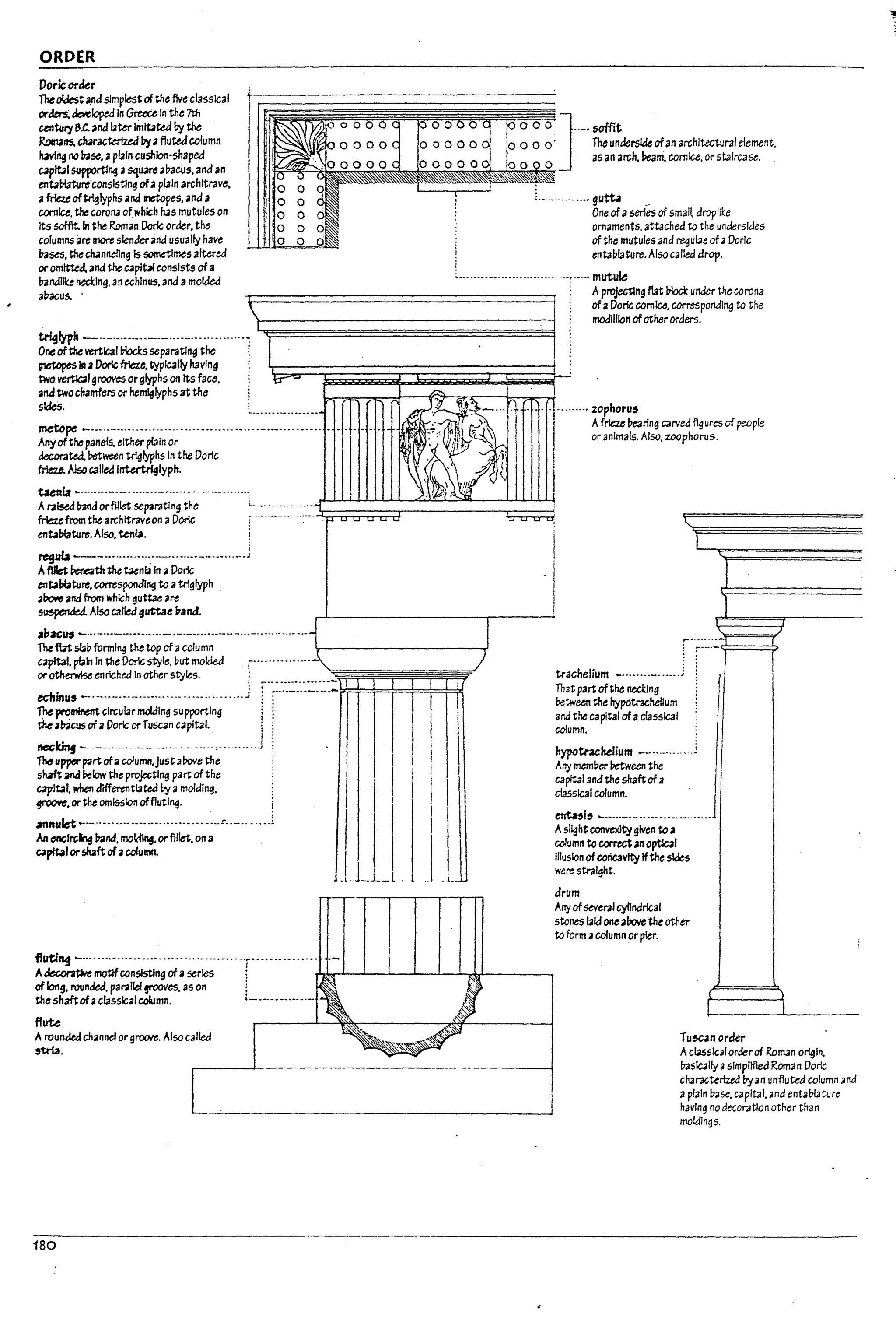 ORDER
Dorlccrder
Theo'Jest~nd simplest of the five ci3sslcal
orders;&c,.oe1opeJ In Greece In the 7th
un~ S.c.;and bterImitated by the
~ch4I'3~ ~a ftutedcolumn
having no u.se. aplain cushion-shaped
~pltal5U~ oil squareaPacUs. and an
ent.Vlrntrtconsisting ofaplain architrave.
oil frlezeoftrlglyphs and naopes. and a
cornice. the corona of which h3smutules on
Its sofflt.ln the Roman DorIc order. the
columns a~ more slenderand usually have
Pases. the channe!1ng Is ~rnes altered
oromlttd and the caplt.f consists ofa
Pandllke ~Ing. an echlnus. and amolded
a~acus. .
~ J~
"-.:: .11
I>'A; ~. ,
10
0 0 0
0 0 q
0 0 ci
0 0 0
0 0 a
lOoOOOC
rvooooc
oooooe
000000
000000
000000
.~
!
:
:
I
EO OO
bOO o·
000
~.: .
..-'-.-
J
..-.soffit
The underside ofan archltecWral element.
as an arch. beam.cornice. or staircase.
.......-. gutta _
One ofaseries of small droplil:e
ornaments. attached to the undersides
of the mutules and regulae of aDoric
entaplature. Also called drop.
~ ........-.,.................-.,.-.-. mutule
~--------------------~
I
: Apro.Jectlng flat l7lock under theCOrona
ofaDoric cornice. corresponding to the
rnodllllon of other orders.
=~v!iE:~~ii:~;--i I
two vertic.llgrooves or glyphs on Its face. ~tr'?""~~~~~;;~:J~~~~~~~~}J
=::::~:_~:~h"'~"____l:~~~_:::::_
.1-_.
Anyofthepanels. either plain or
&ec.orar.ea. retween ~lyphs In the Doric
frlez.e.1Jsc called /ntertrig/yph.
taenia ~ .....--.---.....------.-.-.-.-.-...... ,
. .......... zophoru$
I
I
Afrieze pearing carveaflgures cf people
or animals. Also. zoophorus.
Araised !rand orMet separatln9 the ~ ..............'-
frleufrom the 3rcnltraveon a Doric .......-_.... - -.l:;;~::;u::;::::;;::
w:;:;:::;uu::;::::;:r
u------"!::::J:;::;:::;u::;u::;:::::;;Ju!
ent.Plature.Also. W1Ca.
i
regub _____.._
........__..._
..____.__..._.J
AfUIa ~th the ~nla In aDoric
entaPlature.corresponJing to atrlglyph
~~ and from which guttae a~
suspenk.d. Also carled futtae Vand.
..l1acU5 - ...-..---.-.-.....-.----...-.--..-...-..........-... I
Theflatsl.aUforml1l.3 tnetop of acolumn
Coilpital. plain In the DorIc style, ~ut mok:ied ;-......-..,.-..-.~~~~~~~~;:")
orotherwise enrlchea In other s t y l e s . .
ecl1fnu, .....--.--.-.--.--.....-- ...--..........j r·~::.--=-::·~····~~: ! I
~~~ofcOlrcularmold
r IngSuPJ'Oltrtllng 1,:, II 
vnc; av~ a orlc or uscan ~p a.
~;~~~~,~;.i~~:~;fj : I I' 'I I
~:~~::=:">u_uJ II' i
"pItol......lto/acolu.... JLl_l. . L
trachelium _...•....- ......1
That partof the necking
retween the hypotrachellum
ar.a the capital of aclassical
column.
hypotrache/ium _-............i
Arry mem~er retween the
capital and the shaftof a
claSSical column.
enU,l$ ....-...-.--...-...-.•-...._-
Aslight convexity given to a
coIumnto COI'l'tCtan optbl
lIlustcn ofcoricavlty Ifthe sk:les
were straight.
drum
Arryofseveral cylindrical
stones laid one above 'the other
to form acolumn or pier.
1
flutlng ~"""'--"'-""'--"""""""-""T--'--'-'--"'" -
A~ motifconsisting of aseries: ~...--I.-.L---L-_...I..---L_~bJ-_ _ _---.
of long. rounded. paralief !f'OOVes. as on 1 ~
the shaftofaclassical column. ,-.-.---•.-...- .
flute
Arounded ch..nnel or groove. Also called
stria.
180
(
f
Tu~norder
Ac~slcal orderof Roman origin.
Pask411y oil slmpllflea Rom3n Doric
charxUrIze.d byan unflutea column and
aplain Pase. capital. and entaulatur~
having no decoration other than
mok:IJngs.
J
1
l
l
J
j
L
u
 