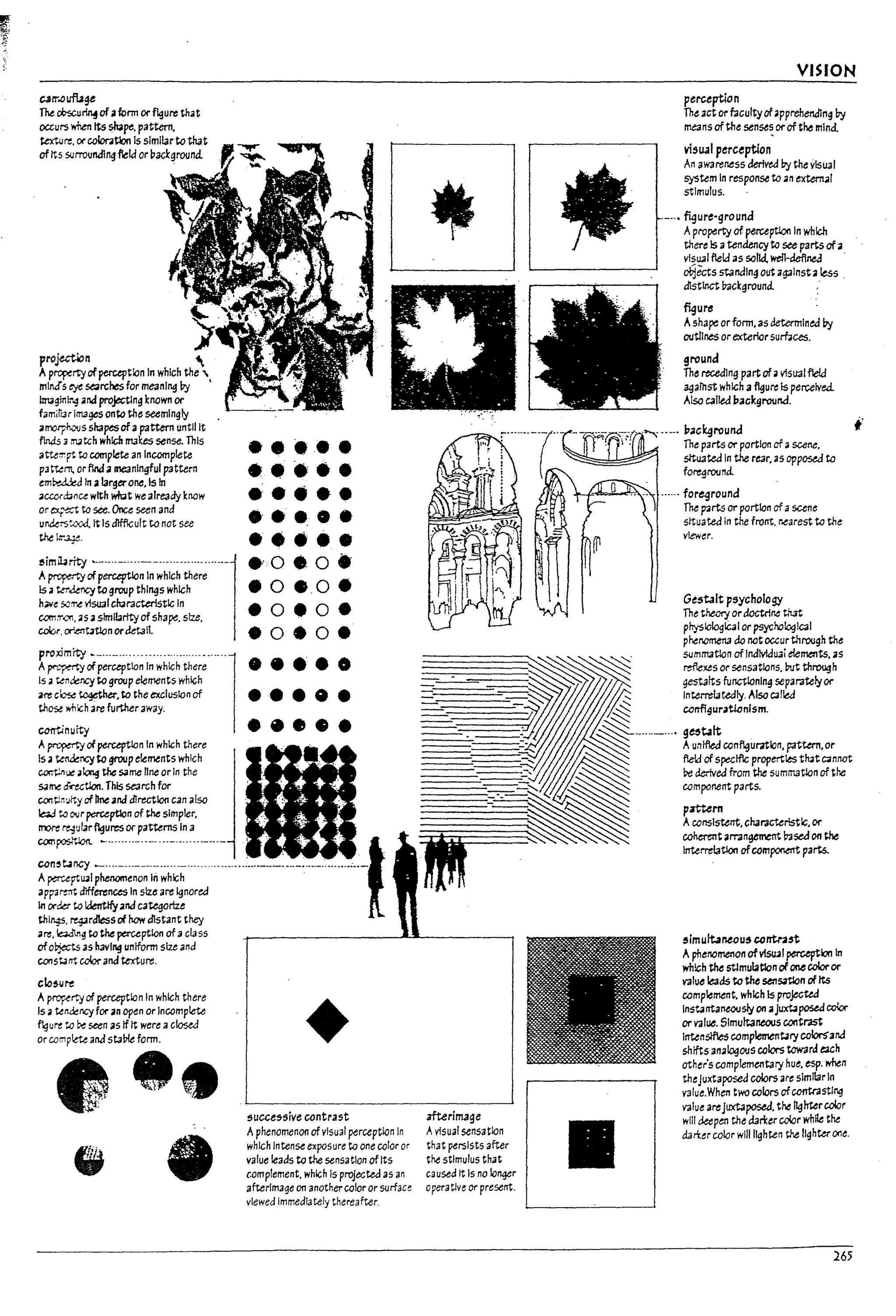 carr.oufu¥
The ~~ of aform or ~ure that
occurs when Its ~pe. pattern.
texture, orcoIor.Itlon Is slmllarto that
of Its SlJrTOundlng field or l1ackground.
pro~n 
APl""Cf"!rty of perception In which the "
mind's ~ ~rches for meaning Irj •
Imagining .naprojectlng known or
familt3r l1T13geS onto the seemingly
4I~sshapesofa pattern until It
flnd.s 3 m3tch whIch rrt3l:es sense. This
atte:r1pt to COOIplete an Incomplete
paturn. or find ameaningful pattern
emp.-..-dkJ fn a largerone. Is In
4Iccord;;}nu with ~t we alre3dy know
or Ct-r'"'tCt to see.Once seen and
ur.derst<xJ. it IsdlfficuIt to not see
the~~.
tlimil4rity ~"""-'-"---'--'----'-""'-"-1
Aprcymyof perctptlon In which there
Is 3 wokncytogroup things which
h;we $O~.e visual ch3racterlstlc In
com."roCl""l.4IS aslml13rtty of shape. slz.e.
color. or'..etTtJtIon ordet3ll
•••••
•••••
.:....
•• •••••
•••••
.0.0.
.0•.0.
.oeo.
eoeoe
•••••
~~~Z:=~~::~hi~;;······1
m c~ tc¥ther.to the exclusion of _ . • e _
those which are further away.
ectrt.inurty • • • • •
A~ ofperception In which there
Is a~to group*~nts which
ccm:n~ a~ the same line or In the
same directlon. This 5e3rch for
contlr.:;ity of line and dIrection can also
lead to O<Jr pc:rceptlon of the simpler.
~~ft~~~·-····~··-·-····-··-······"··-I
thl~. f"t4irdless of how dIstant they
are. bJ1ng to the ~ptlon of aclass
ofo~ as Imlng uniform slz.e ana
constJ rrt colorand textureo
cto~ur-e
Ap~rtyof perception In which there
Is 3 t.enkncy for an open or Incomplete
fig ure to ~ seen as If It were aclosed
orcomplet.e and staVle form.
•. : -./
.' .I_,S
~;
• e
+
successive contrast
Aphenomenon of visual perception In
which Intense exposure to one color or
value leads to the sensation of Its
complement. which Is proJ~ted as an
afterimage on another color or surface
viewed Immedl3tely thereafter.
afterirrt3ge
Avisual sensation
that persists after
the stimulus that
caused tt Is no Io"¥r
operative or present.
VISION
perctption
The act or faculty of.pprehendlng by
means of the senses or of tr,., mind.
visual perception
An awareness derived Irj the visual
system In response to .on extern..ol
stimulus.
_..• figure-ground
Aproperty of perceptloo In which
there Is atendency to see parts of a
visual field 35 solid. welh:leflnea .
otjects standln9 out against.. less ~
distinct l7ackground. .
figure
Ashape or form. as determlnea t.y
OtItlllltS or exterior surf.lces.
ground
The rececl1n£j part ofavisual f1ekl
agaJhst which a~ure Is perceived.
Also called background.
!imultaneou! conU-a~
Aphenomenon ofvlSlUI perception In
which the stlmulatlon ofone coloror
value leads to the sen~n of Its
complement. which Is projected
Instanta~sly on ..Juxtaposed color
Of' value. Simultaneous contrast
Intenslfle5 camp1ementary colors"ana
shifts an..logous colors tcw3ra each
other's complementary hue. esp. when
theJuxtaposed colors are Similar In
value.When two colors ofcontrasting
value areJuxtaposed. the Itgfrtercolor
will deepen the darker War while the
darker color will lighten the lighterooe.
265
 
