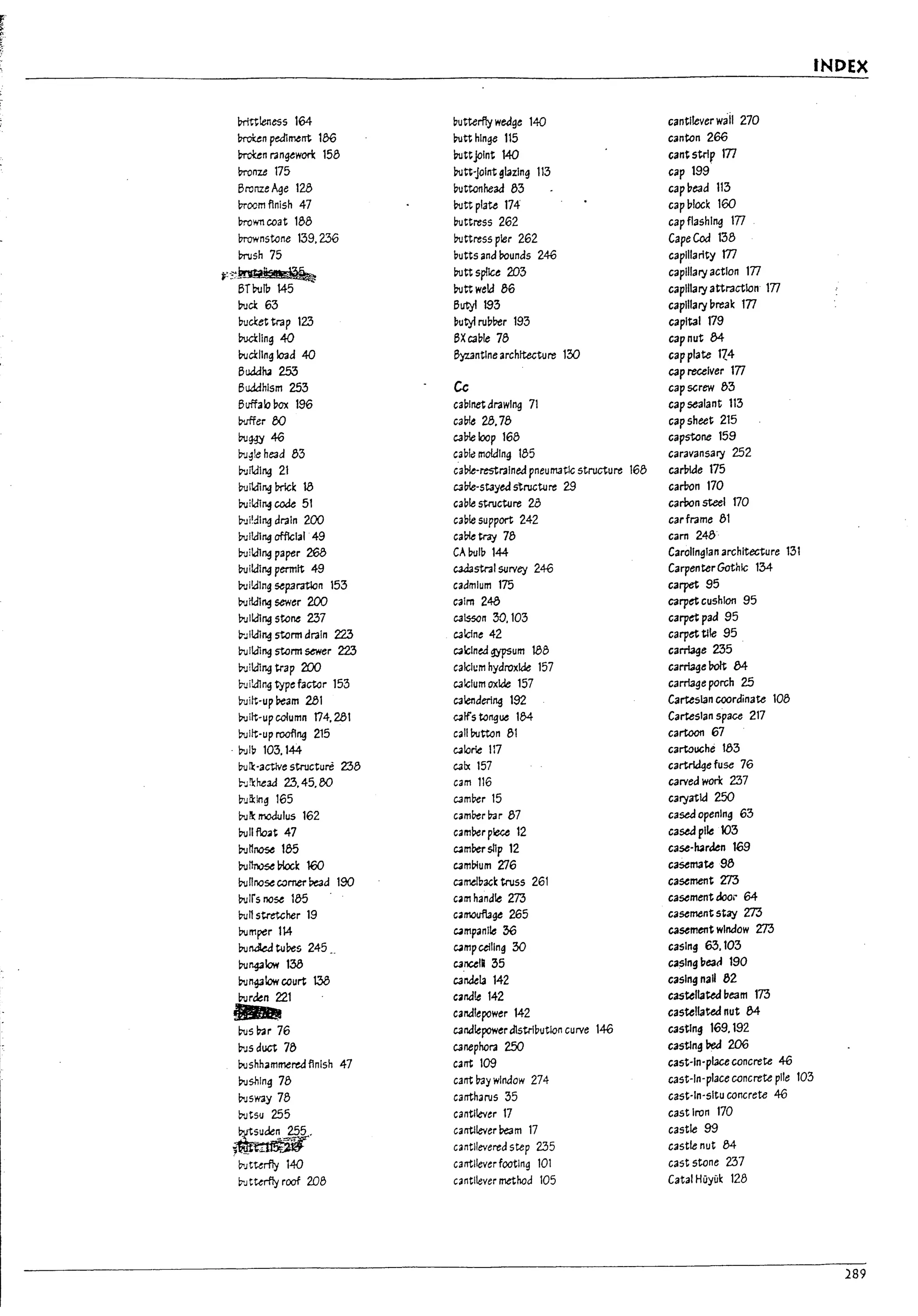 ~
O.'Y>
-:t
·t
.-. INDEX
:;-
lnit't!eness 164 ~utterfty weJge 140 cantilever wail 270
In-tXen ped1ment 186 ~tt hinge 115 canton 266
~n rangewOlt 158 ~ttjoint 140 cant strlp lTl
~nze 175 ~tt-lolnt gl3zlng 113 cap 199
Bronze ~e 128 ~uttonnead 83 cap~ead 113
Vroom flnish 47 ~tt plate 174 cap ~Iocl: 160
~wncoat 188 ~ttress 262 cap flashing 177
~ttress pier 262 CapeCod 138
~utts and Pounds 246 capillarity m
~tt s~lce 203 capillary action 177
~ttwekJ 86 capillary attractlan lTl
l:J.Jck 63 Butyl 193 capillary ureal: 177
Ducket trap 123 ~utyf ruul?er 193 capital 179
Ductllng 40 BXcaDle 78 cap nut 84
l>uckllng load 40 By.z.antlne architecture 130 cap plate 1{4
Bu.1dh. 253 cap receiver lTl
Bu.1dhlsm 253 Cc cap screw 83
Buffab!1ox 196 caulnet drawing 71 cap sealant 113
~.rffer 80 ca!1le 28.78 cap sheet 215
l>um 46 ca1le loop 168 capstone 159
l:J.J~!e he3d 83 caD~ molding 185 caravansary 252
~Ji1dlng 21 calXe-restralned pneumatlc structure 168 carl1lde 175
l>uildin.gmcl: 18 caPle-stayed structure 29 carron 170
l>uikil~code 51 ca~1e structure 28 carbon ~I 170
~Jildlng drain 200 cable support 242 carframe 81
l>uIWlng afflclal .49 cal>(etray 78 cam 248
l>uikilng paper 268 CA bulp 144 Carolingian architecture 131
~iWlng permit 49 c.uiastral survey 246 CarpenterGothic 134
l>uikllng separation 153 cadmium 175 carpet 95
l>utld1~ sewer 200 calm 248 carpet cushion 95
l>ulkilng stone 237 cals50n :30.103 carpet pad 95
D-Jlkilng storm drain 223 calcine 42 carpet tlle 95
~Ikilng sUlrm sewer 223 C3lclnea gypsum 188 carriage 235
l:J.JilJ1ng trap 200 calch.:m hydroxide 157 carriage l70It 84
~ild1ng typefactor 153 calcium oxide 157 carriage porch 25
Duilt-up ream 281 calendering 192 Cartesian coordinate 108
~ilt-up column 174.281 calfs tongue 184 Cartesian space 217
~Itt-up rooflng 215 call1>utton 81 cartoon 67
. l:J.JID 103.144 calorie 117 cartoUGhe 183
DuI1:-actlve structure 238 calx 157 cartriJqe fu~ 76
t<J!(head 23.45,80 cam 116 carved work 237
P,JiXlng 165 camber 15 caryatid 250
l>ul:: modulus 162 camber bar 87 cased openlnf! 63
l>ullflo41t 47 camber piece 12 cased pl~ 103
l>u"~ 185 camrersllp 12 case-h4lrden 169
l>uI1nose Plock 100 cambium 2:76 casemate 98
l>unnose comer Dead 190 C3melDack truss 261 casement 2J3
l>ulrs nose 185 C3m hand~ 273 casement door 64
l>un stretcher 19 c3mouf1afJe 265 casement stay m
l:>umper 114 C4mpanl!e 36 casement wIndow m
l>unkd tures 245 C4mpcellln~ 30 casln~ 63.103
l>u"43low 138 cancela 35 ca~ln~ l1eati 190
l>un~lowcourt 138 candela 142 caslnf! nail 82
l:>ur~n 221 c3na!e 142 cas~ll3ted beam 173
... canatepower 142 cas~ll3tec:f nut 84
c-us b3r 76 canalepower distribution curve 146 castlnf! 169.192
l:J.JS duct 7PJ C3nephora 250 castlng Pea 206
DushhammereJ flnlsh 47 C3rrt 109 cast-ln-pl3ce concrete 46
l>ushlnf! 78 carrt bay wlnaow 274 cast-In-place concrete pile 103
PtJsway 78 carrtharus 35 cast-In-sltu concrete 46
~tsu 255 cantilever 17 cast Iron 170
~.
cantllever ream 17 castle 99
cantilevered step 235 castle nut 84
Pt;tterfly 140 carrtilever footln~ 101 cast stone 2:37
P,J twfly roof 208 cantilever mhod 105 Catal Hiiyuk 128
289
 