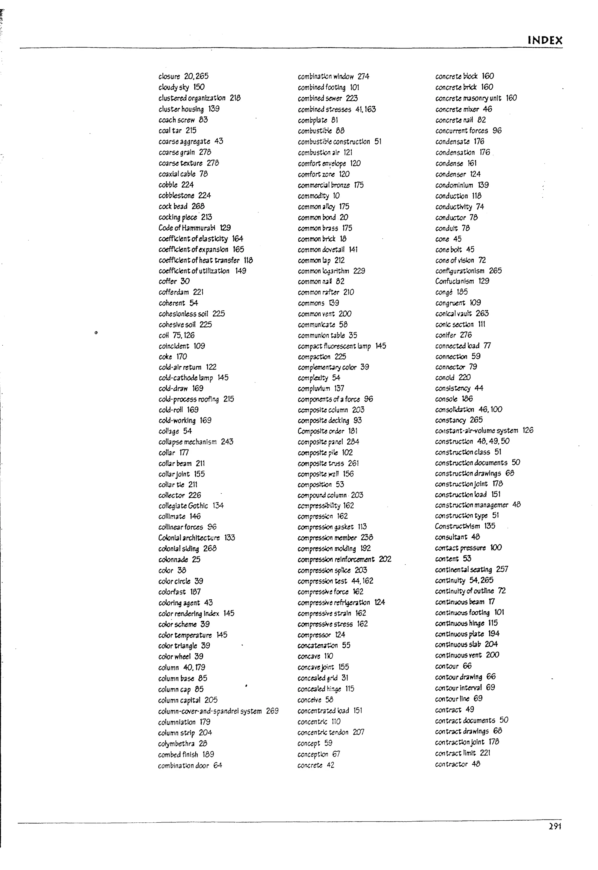 closure 20.265
cloudy sky 150
clustered organlz3tion 218
cluster housing 139
cooch screw 83
cool tar 215
coarse aggregate 43
coarse grain 278
coa~ texture 278
coaxial ca~le 78
coVble 224
cob~lestone 224
cock bead 268
cocking piece' 213
Code ofH3mmurabi 129
coeffiGlent ofelastlcity 164
coeffiGlentofexpanslon 165
coefficient ofheat transfer 118
coefficient ofutilization 149
coffer 30
cofferdam 221
coherent 54
coheslonfess soil 225
cohesive soli 225
coil 75.126
coln.ck:lent 109
coI:e 170
cold-air return 122
cold-cathode lamp 145
cold-draw 169
cold-process roofing 215
cold-roll 169
cold-won:lng 169
coI!3ge 54
collapse mechanism 243
collar m
col~r~m 211
collarJOint 155
collar t1e 211
collector 226
collegiate Gothic 134-
collimate 146
coIllnearfo1Us 96
COOnlalarchltutJ.;re 133
colonial skiing 268
coIonn3de 25
color M
color circle 39
colorfast 187
coloring ~ent 43
color rendering InJex 145
colorscheme 39
color temperature 145
color triangle 39
color wheel 39
column 40.179
column tr.1se 85
column cap 85
column capital 205
coIumn-cover-and-spandrelsystem 269
calumniation 179
column strip 204
coIymbethra 28
combed flnlsh 189
combinatIOn door 64
comblnatlcn window '2:14
combined footing 101
combined ~er 22.3
combined st..esses 41.163
combplate 81
combustl~ 88
combustiblt construction 51
combustlo., .Ir 121
comfort e:1'~'elope 120
comfort zor.e 120
commerciJIbronze 175
commcJrty 10
coml11OT1 alley 175
common rona 20
common brlsS 175
commonm 18
common dovetail 141
coml11OT1tap 212
common ~rithm 229
coml11OT1 iU~ 82
common~ 210
commons 139
common vent 200
communlc.Ju 58
communion t3ble 35
compact fluorescent lamp 145
comp<lCtlon 225
comp~nt3r'j color 39
comp!exlty 54
complwlum 137
compontrrt5 of afexu 96
composite column 203
compost".e decl:lng 93
Composite Ct"aer 181
composite p-anel 2M
composite pile 102
composite trJSS 261
composlte;;-zIT 156
composition 53
compourJ column· 203
ccmpressiWrty 162
ccmp~{1 162
compression g3sket 113
compressicn rralPer 238
compresslo11ll1Ok1Jng 192
compression reinforcement 202
compresslon sp!lce 203
compression test 44.162
comprtS$lv~ forc;e 162
compresSNe refrlgeratlon 124
compress.Y~ strain 162
compresslve stress 162
compres:.or 124
CO!C.3tenzt:on 55
concave 110
concaveprot 155
concealed gr.d 31
concealed r.i~ 115
concdYe 58
concentra';.tJ load 151
concentric 110
concentric te~don 2fJ7
concept 59
conception 67
cor.crete 42
INDEX
concrete Plod: 160
concrete Prick 160
concrete masonry unit 160
concrete mixer 4t3
concrete na~ 82
concurrent forces 96
condensate 176
condensatlon 176
condense 161
condenser 124
condominium 139
conduction 118
COMlJCtIvtty 74
conductor 78
condutt 78
cone 45
conePolt 45
cone of ,islan 72
corrftguratlonlsm 265
Confucl3nfsm 129
conge 185
congruent 109
contQl vault 263
conic sectlon 111
conifer '2:16
connected bad 77
con~ 59
connector 79
conok:l 220
conslstency 44
conso~ 186
con501WtIon 46. 100
constancy 265
COItstant-alr-volume system 126
constrJCtlan 48. 49. 50
constructlon class 51
constructlon docunnents 50
constructlon drawings 68
construct.lonJolnt 178
constroctlo11load 151
constrJCtlo11 managemer 48
const~ type 51
ConstructMsm 135
consultant 48
corrtactpre:ssurelOO
content 5:3
contl~~1 sating 257
contlnutty 54.265
contlnutty of outline 72
continuous ~m 17
continuous footing 101
contlnuous hinge 115
contlnuous plate 194
contlnuous slav 204
contlnuousvent 200
contour 66
contourar.awing 66
contour Interval 69
contour flne 69
contract 49
contract documents 50
Wltract drawings 68
contractlonjoint 178
contract nmtt 221
contractor 48
291
 