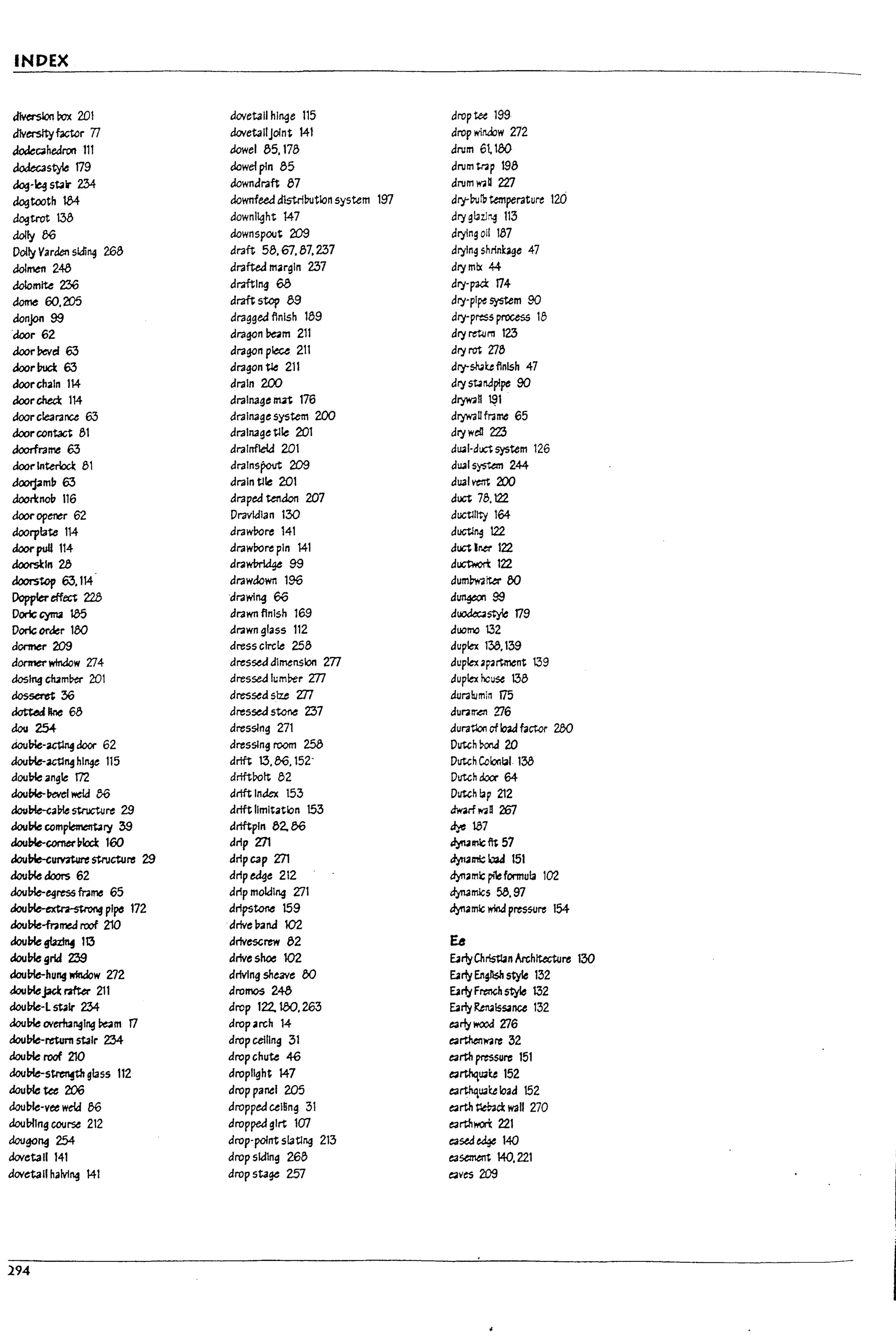 INDEX
diversion rox 201 dovetail hl~e 115 dropW 199
diversity~r 77 dovetaliJoint 141 drop wiMJW 272
Jok~heJron 111 dowel 85. 178 drum 6~ 180-
doJec3style 179 dowefpln 85 drummp 198
Qog-~ sbir 234 downdraft 87 drumw.U 22J
dogtooth 1M downfeed dlstrllnltlon system 197 dry-lnlrb temperature 120
dogtrot 138 downllght 147 dry glnj~.g 113
dolly 00 downspout 209 drying oil 187
I
Doity Varden sidi"4 26a draft 58.67.87.237 dryin9 shrinkage 47 I
!
dolmen 248 drafted margin 237 drym!x 44- j
dolomite 236 drafting 68 dry-paa 174-
acme 60.205 draft stop 89 dry-pipe system 90
aonJon 99 dragged ftnlsh 189 dry-press process 18
·door 62 dragon ~m 211 dryret.lJm 123
doorl;tevel 63 dragon p~ 211 dry rot 218
Qoorbuct 63 dragon tle 211 dry-~~ finish 47
aoorc;haln 114 drain 200 dry Sbnaplpe 90
Qoorc;hecl: 114 drainage mzt 176 dlj'W4" ~1
~c;le3l'3nce 63 drainage system 200 dlj'W4U frame 65
doorcontact 81 drainage Uie 201 drywe!l 2Z3
doorframe 63 draInfield 201 du.l-duct system 126
doorInteriocl: 81 dralnspout 209 dUJi sys"'..en1 244
dootpmb 63 drain Ule 201 dual vt1Tt 200
dooltnob 116 draped tenaon 207 duct 78.122
dooropener 62 Dravidian 130 ductllltJ' 164-
tfoorplate 114 drawrore 141 ductl~ 122
doorpuU 114 drawrore pi" 141 ductlr.erl22
doorsl:ln 28 dra~ 99 ductwort: 122
doorstep 63.114 drawdown 196 dumm~ 00
Dopplereff~ 228 drawl~ 66 d~99
Doric;~ 185 drawn flnlsh 169 d~~ 179
Done order 180 drawn glass 112 duomo 132
donner 209 dress circle 258 duplex 133.139
donner window 'lJ4 dressed dImension 277 duplex .~rtment 139
dosing wmw 201 dressea lumPer m duplex hc~ 138
Oos~ 36 dressed size ZJ7 durawmiil 175
00tt&l1lM 68 dressed s~ "87 dUl'3rr.en ?:J6
dou 2!).4. dresslng 271 dura~ ofload factor 200
doutne-~ door 62 dresslng room 258 Dutch ~ond 20 ,
dou~actl~ hinge 115 drift 13. e;6. 152- Dutch Colonbl. 138
dOlJ~ angle 172 driftrolt 82 Dutch@ 64-
dou~~elweld B6 drift Index 153 Dutch I.p 212
doul7le-cal7le structure 29 drift lImltatbn 153 dwarf .....a 2El l
doulMc;om~ry 39 driftpl" 82, 00 ~ 1.57
doubte-COI'TIeI"~Iccl: 160 drip Z71 ~en(;ft; 51
doub4e-G~ stnlcture 29 dripcap Z71 ~mIc~ 151
I
doul7fe doors 62 dripedge 212 dynllma: pi1eformula 102
l
doulk-egress n.ilne 65 drip molding 271 dynarnlcs ~. 97
dou~ plpc 172 dripstoM 159 dynarnlc win.:! pres$Ure 154
doul1le-mmea roof 210 drive ;lana 102 I
doubte~ 113 drtvescrew 82 U
l
doul1fe grid Z39 drive shoe 102 urlyChri5tbn Archttecture 130
c:IoulM-hul1§ window 272 driving sheave eo urly English s~ 132
doubtejack raft« 211 drolt'105 246 urlyF~styIe 132
l
doul7le-l stair 234 drop 122, 100.263 urly Renaissance 132
doulM overil2nglng ~m 17 drop.arch 14- early wood 216
doul?fe-rtturn Sblr 2M dropcelling 31 e;arthen.....re 32
doulM roof 210 dropchu~ 46 earth prtssure 151
L
doubfe-s~ glass 112 dropllght 147 e;artho,lQl:e 152
douWc Ut; 206 drop panel 205 earthqu.~ load 152
dou"~-vee weld 86 dropped celbng 31 e;arth ~ck wall 270
doul?llng course 212 dropped girt 1m earthM:ri: 221
L
dougo"4 254 drop-point slating 213 easea~ 140
dovetail 141 drop siding 2GB easement 140.221
dovetail halving 141 drop stage 257 e;aves 209
I
I
U
294 I
L
 