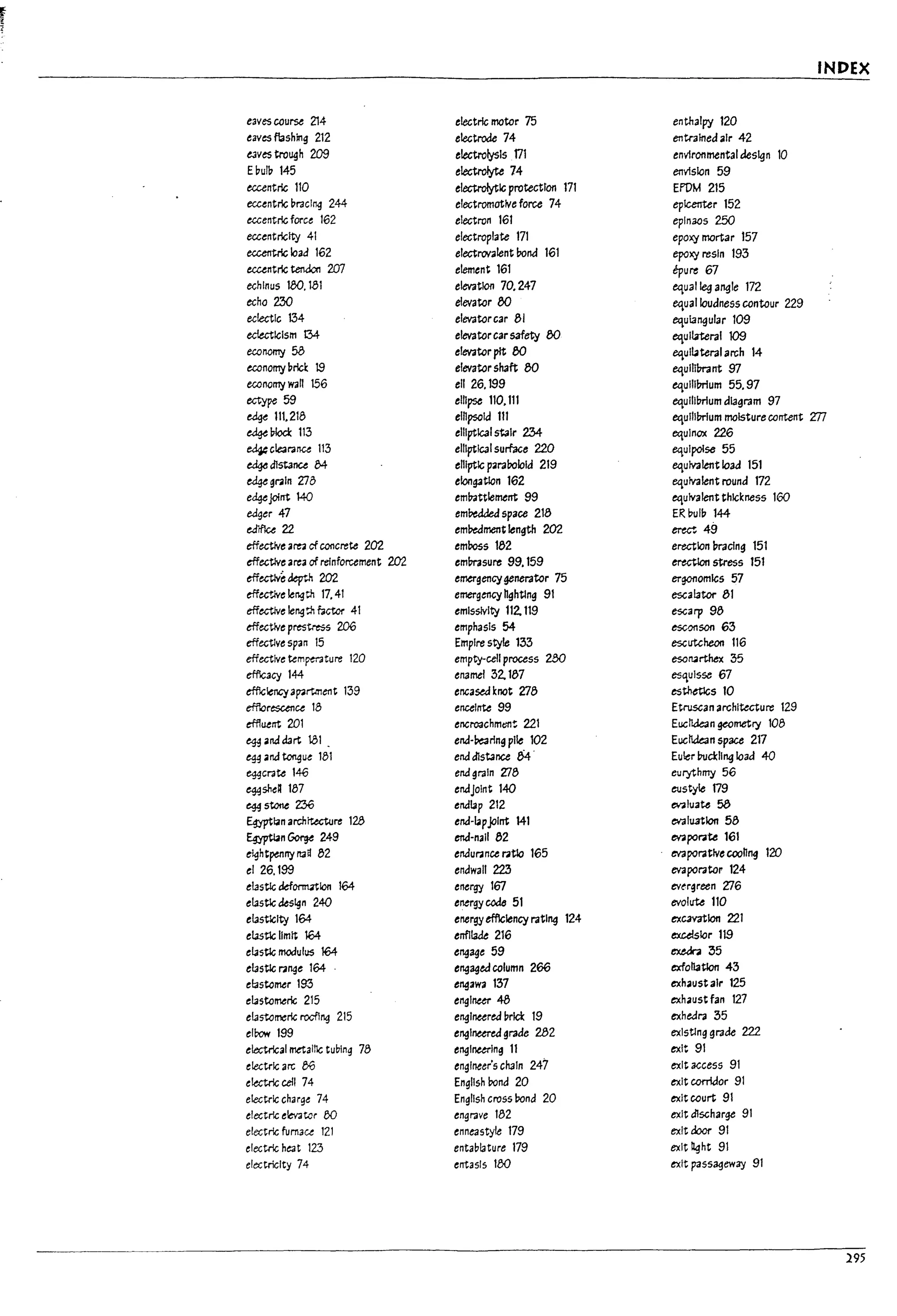 INDEX
eaves course 214 electric motor 75 enthalpy 120
eaves fbshlng 212 electrode 74 entrained air 42
tJves trough 209 electrolysIs .171 envlronmental design 10
E~ul~ 145 electrolyte 74 envision 59
eccentric 110 electrolytic protectron 171 EroM 215
eccentric ~racl~ 244 electromotive force 74 ep1center 152
eccentric force 162 electron 161 eplnaos 250
eccentricity 41 electroplate 171 epoxy mortar 157
ecutTtrIc load 162 electrovalent rond 161 epoxy resin 193
eccentric tendon 207 element 161 epuro 67
echlnus 100.181 elevation 70.247 equal leg angle 172
echo 230 elevator 00 equal loudness contour 229
eclectic 134 elevatorcar 81 equiangular 109
eclecticism 134 elevatorcarsafety 00 eqUilateral 109
ecanomy 58 elevatorpit 00 equl~tel'3l arch 14
economy ~ricl: 19 elevator shaft 80 equInlncint 97
ecanomy wan 156 ell 26.199 equlll!mum 55.97
ectyPC 59 elhpse 110.111 equIlIPrlum diagram 97
~ 111.218 elnpsold 111 equIlI!mum moisture content m
~Plocl: 113 elllptlcalstaJr 234 equinox 226
~cle3r3nu 113 elllptlcalsurface 220 equipoise 55
~ distance 84 enIptic p.rarolold 219 equivalent load 151
edge gr41ln Va elong3tlon 162 equivalent round 172
ed¥joint 140 emUattlement 99 equivalent thickness 160
ec!gu 47 em!1edded space 218 ER ~ul~ 144
earflce 22 emPedment length 202 erect 49
effectlve a~ of concrete 202 emPoss 182 erection ~raclng 151
effective area of reinforcement 202 emUrasure 99, 159 emtlon stress 151
effective ~ 202 emergencygenerator 75 ergonomics 57
effw-lve ler.gth 17.41 emergency hghtlng 91 escalator 81
effectlve ler.gth factor 41 emissivity 112. 119 escarp 98
effective prestress 206 emphasis 54 e$C011 son 63
effectlve span 15 Empire style 133 esclItcheon 116
effective tem~ture 120 emp~cdlprocess 280 esortarthex 35
efflcacy 144 enamel 32. 187 esqulS5e 67
efficiency a~rtment 139 encased knot 278 esthetlcs 10
efflorescence 18 enceinte 99 Et~an architecture 129
effl~1Tt 201 encl'03chmtmt 221 Eucfkk3n geometry 108
~andd3rt 101. end-P0e3rlng pile 102 Euctlkan space 217
~ and tongue 181 end distance 84' Euler Utic1:Jlng load 40
~crate 146 end grain 278 eurythmy 56
~sheR 187 endJolnt 140 eustyle 179
~storte 236 endlap 212 ev3luate 58
~gn arch~re 128 end-lapjoint 141 evalmlon 58
EgyptIan~ 249 end-nail 82 ev3por41U 161
~ntpenny rtla 82 endur.ance r41tio 165 M poratlve coohng 120
el 26.199 enawall 223 evaporator 124
elastic dd~1on 164 energy 167 evugreen 276
elastic des~n 240 energy ccd6 51 evolute 110
elasticity 164 energy effk:ltncy rating 124 excavation 221
elastlc limit 164 enfllade 216 exulslor 119
elastic modulus 164 engage 59 txe<b :35
elastic r.nge 164 er.gaged column 266 exfol13t1on 43
elastomer 193 engawa 137 exhaust air 125
elastomerlc 215 engineer 48 exhaust fan 127
elasto~rIc rocflr.g 215 engineered ~rlck 19 exhedra :35
el~ 199 er.gl~ grade 282 existing grade 222
electrical metallic tubing 78 er.glneerlng 11 exit 91
electric arc 86 englneer's chain 247 exit access 91
electric cd! 74 English rona 20 exit corridor 91
electric charge 74 English cross rona 20 exit court 91
electric eMtor W engrave 182 exit discharge 91
electric furnace 121 enneastyfe 179 exltdoor 91
electric heat 123 entablature 179 exit light 91
electricity 74 elTtasls 180 exit passageway 91
295
 