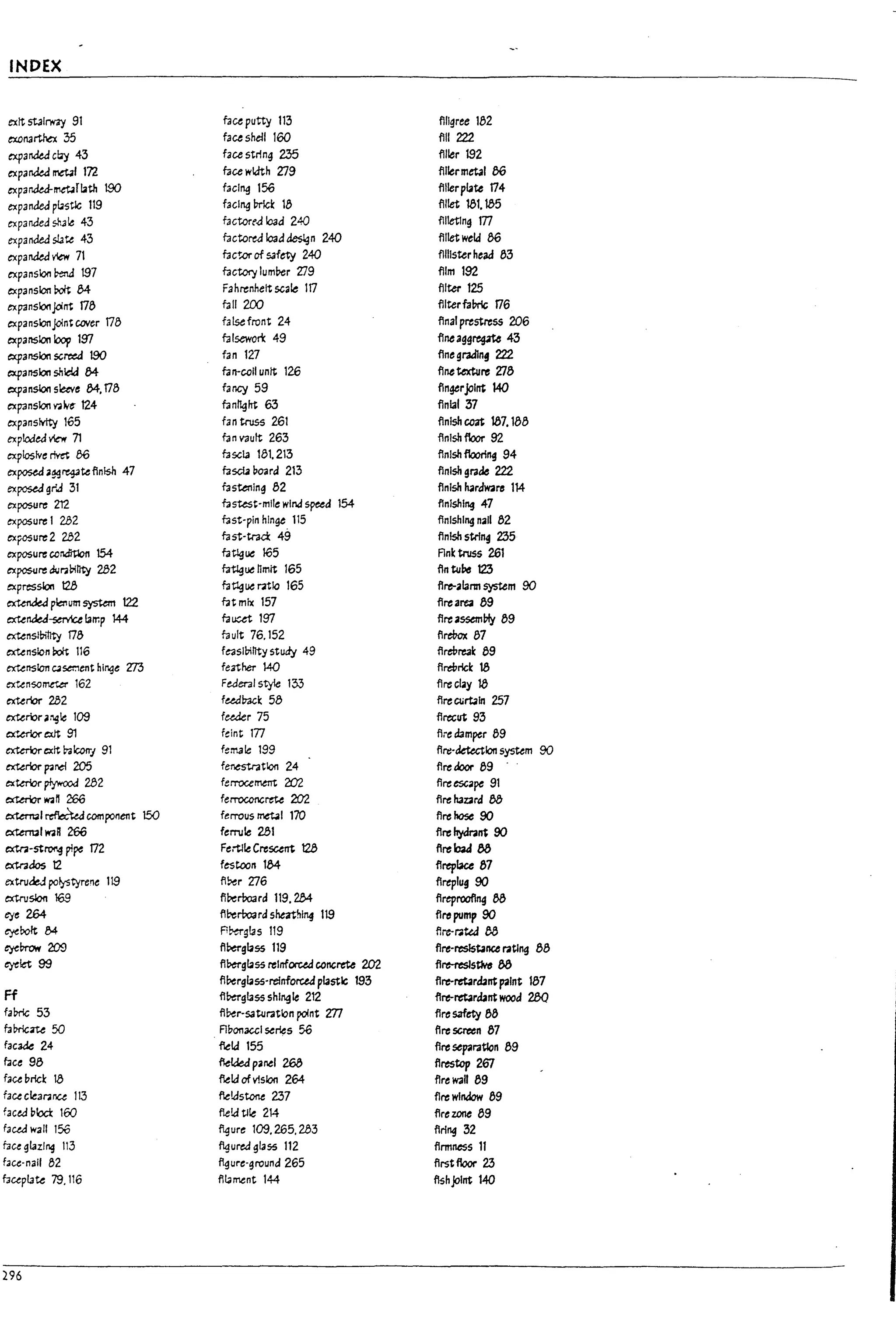 INDEX
exit st31rw3)' 91 face putty 113 flllgree 182
~113~35 face shell 160 flll 222
~arldea cby 43 face string 235 filler 192
exparldea IT'Ie't.1I 172 face width 2:79 fillermetal 00
expanJed-~rbth 190 facing 156 fillerpbte 174
expanded pl.15tlc 119 faclng~k 18 fillet 181.185
expanded $h.;lle 43 factore.d load 240 flllet1ng m
expanded slJte 43 factored load de$lgn 240 flliet wekl 00
expankd view 71 factor of safety 240 flllister heaa 83
expansion ~ 197 facto!)' lumPer V9 fllm 192
expansion ~ 84- Fahrenheit scale 117 fllter 125
expansionjo/lTt 178 faIf 200 fllterfa!nic 176
expanstonJoln~cover 173 fafsefront 24 final prestress 206
expansion loop 197 fa lsewer.: 49 fine aggregm 43 L
~anslon screed 190 fan 127 flnegl'3ti1ng 222
~anslon s.h~ 84- fan-cell unit 126 fine text.u~ V8
I
~anslon sleeve 84-.173 fancy 59 fingerjoint 140
expansion v;;~e- 124 fanlight 63 finial 37 J
expanslvtty 165 fan trus5 261 finish w.rt 187.188
exp!od~~ 71 fa nvault 263 finish floor 92
J
explosive ~ 86 fascia 181. 213 flnlsh flooring 94
ex~ a~~te finish 47 fascia Poara 213 finish gratle 222
ex~gr'J 31 fastening 82 finish h3rdW3~ 114
exposure 212 fastes~-mlle wind speed 154 finishing 47
j
exposure I 2.82 fast-pin hinge 115 finishing nail 82
exposure 2 232 fast-trn;i: 49 finish string 2:35
exposure canditlon 154 fa~ue 165 Ank truss 261
exposure dIra~Ilty 282 ~uenmlt 165 flntu~ 12.3
expression t2.8 fatlgue rat!c 165 flre-alann system 90
~
~ plalum system 122 fat mix 157 flrearea 89
roende.:l-5eT'Vce lamp 144 faucet 197 flre assem~ 89
extensl~11ty 178 fault 76.152 firebox 87
extenSion PoIt 116 fe-3Sllntlty study 49 flrei1reak 89
J
extension C4ser.'1ent hlnqe m fe3ther 140 flrel1rick 18
exten$OFne"..er 162 Federal style 133 fireclay 18
exteror 2.82 fu,dlr.;cl: 58 flreaorbln 257
exterora:o.sle 109 fuJer 75 flrecut 93 I
I
~.¢ior exit 91 feint 177 flie d3mper 89
exterbr I:XIt racorrJ 91 ferT'...1e 199 flrc:-ktectlon systtm 90
•
exterbr p:ar.d 205 fenestration 24 flredoor 89
t:xtaior plywood 2.82 fe rrocemerrt 2fY2. fI~escape 91
ext.eror ~ n266 ferroconcrete 202 fire h3zara 88
~I ~ component 150 ferrous ~I 170 firehose 90
oo:enul waR 266 femJle 281 fire hydrant 90
extn-st~ plpe 172 FeitJle Cresurrt l28 flrebU 58
extnJos 12 festoon 184- flreplace 87
extruded pofystyrene 119 fi~r 2:76 flreplug 90
roruslon 169 fI~rb03rd 119.284 fireproofing 88
eye 2.64 fl~rb03rd sheathing 119 flropump 90
~Dolt 34 F1~g!as 119 ftrc-r.ua Be
r/'ftm:,..., 209 flPoergbss 119 flre-rcsisbnce rating 88
eyelet 99 fI~gbss ~Jnforced ccncrete 202 flre-reslstIvIJ 88
fi~rglass-relnforced plastic 193 flre-~rdant p2lnt 187
Ff fl~g!ass shingle 212 flre-~rdant wood 28Q
faDrlc 53 fI~r-sa~ratlon point m flresaftty M
faDrlc3te 50 APonaccl series 56 fire scrttn 87
facade 24 fleld 155 flre se~ratlon 89
face 98 ~Ikd panel 268 flrestop 20T
face urick 18 fleld of vlslon 264 firewall 89
face clearance 113 fieldstone 237 fire wln&ow 89
faced Dba 160 field tile 214 flrezone 89
faceJ wall 156 ~ure 109.265,283 firing 32
fau glazl~ 113 ~ured glass 112 flrmness 11
fac~-nall 82 ~ure-ground 265 first floor 23
f3Uplate 79,116 filament 144 fishjoint 140
I
296
r
"'
 