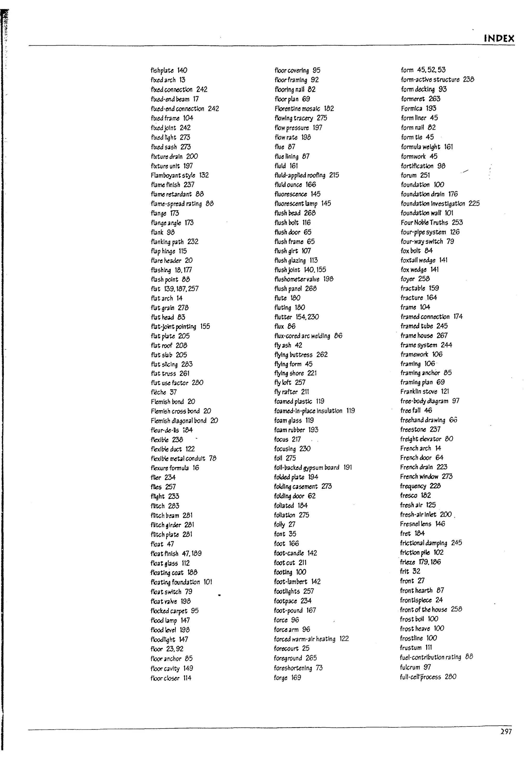 :*..
~
INDEX
flshpl3te 140 floor coverfng 95 form 45.52. 53
fued arch 13 floorframlng 92 form-actlve structure 238
fued connection 242 flooring nail 82 form deckll'19 93
fixed-enJ Pe3m 17 floor pl3n 69 formeret 263
fixed-end connection 242 FIorentlne mosaic 182 Formica 193
flxed frame 104 flowing tracery m form liner 45
fixedjoint 242 flow pressure 197 form nail 82
fixed~ht m flow rate 198 form tie 45
fixedsash m flue 87 formula weight 161
fixture drain 200 flue lining 87 formworX 45
flxture unit 197 fluid 161 fortification 98
Fl3mPoy.int style 132 fluid-applied roofing 215 forum 251
/'
fume finish 2:!J7 fluid ounce 166 foundation 100
flame retardant 88 fluorescence 145 foundation drain 176
fume-spread ratlng 88 fluorescent I3mp 145 foundation Investigation 225
fbnge T73 flush read 268 foundation walt 101
funge al'.gle 173 flush bolt 116 Four Nol?leTruths 253
funk 9B flush door 65 four-pipe system 126
flanking path 232 flush frame 65 four-way switch 79
fuph~e 115 flush girt 107 fox!lalt 84
flarot header 20 flush glazing 113 foxtail wedge 141
flashing 18.177 flushjoint 140. 155 fox wedge 141
fush pelnt 88 flushometervalve 198 foyer 258
flat 139.187.257 flush panel 268 fractal7le 159
fut arch 14 flute 100 fracture 164
flatgraln 278 flutlng 100 frame 104
flat~ 83 flutter 154. 2:!JO framed connection 174
flat-jolrrt polntlng 155 flux 86 framed tube 245
flat pQte 205 flux-cored arc welding 86 frame house 267
futroof 208 flyash 42 frame system 244
flat slap 205 flying Mtress 262 framewori: 106
flat sllclng 283 flying form 45 framl"9 106
flat truss 261 flying shore 221 framing anchCr 85
flat use ~ctcr 280 fly left 257 framing pUn 69
melle'S! fly rafter 211 FranklIn stove 121
Flemish rond 20 foamed pl3stlc 119 free-!lady diagram 97
Flemish cross !land 20 foamed-In-place Insulation 119 freefal! 46
Flemish dlagonal band 20 foam glass 119 freehand drawing 60
fleur-de-Bs i84 foam (UpPer 193 freestone Z1J7
fbllTe 238 focus 217 freight elevator 00
fbll7le duct 122 focusing 2:!JO French arch 14
fbl~ metal conduit 78 foil Zl5 French door 64
fbure formula 16 foll-17acW ~psum Paard 191 French drain 223
filer 234 folded plate 194 French wn~ 273
files 257 folding casement m frequency 228
flight Zj3 fotdlng &ocr 62 fresco 132
flitch 283 foliated 184- fresh air 125
flltch pe4m 281 foliation 275 fresh-air Inlet 200
flitch ~Irder 281 folly 'Zl Fresnellens 146
flitch plate 281 font 35 fret 1M
float 47 foot 166 frictional ~mplng 245
float ftnlsh 47. 139 foot-candle 142 friction pile 102
float stass 112 footcut 211 frieze T79.186
floatl~ ca.t 138 footing 100 frlt 32
fuatlng foundatlon 101 foot-Iamrert 142 front 'Zl
float switch 79 footlights 257 front ~rth 87
float ~lve 198 footpace 234 frontlspleu 24
fucW carpet 95 foot-pound 167 front of ~ house 258
flood tamp 147 force 96 frost Pan 100
flood level 198 forcearm 96 frost heave 100
flood~ht 147 forced warm-aIr heatIng 122 frostllne 100
floor 23.92 forecourt 25 frustum 111
floor anchor 85 foregrouna 265 fuel-contrll1utlon ra tlng 88
floor C3vlty 149 foreshortenIng 73 fulcrum 97
fuorc~ 114 forge 169 full-celiprocess 200
297
 