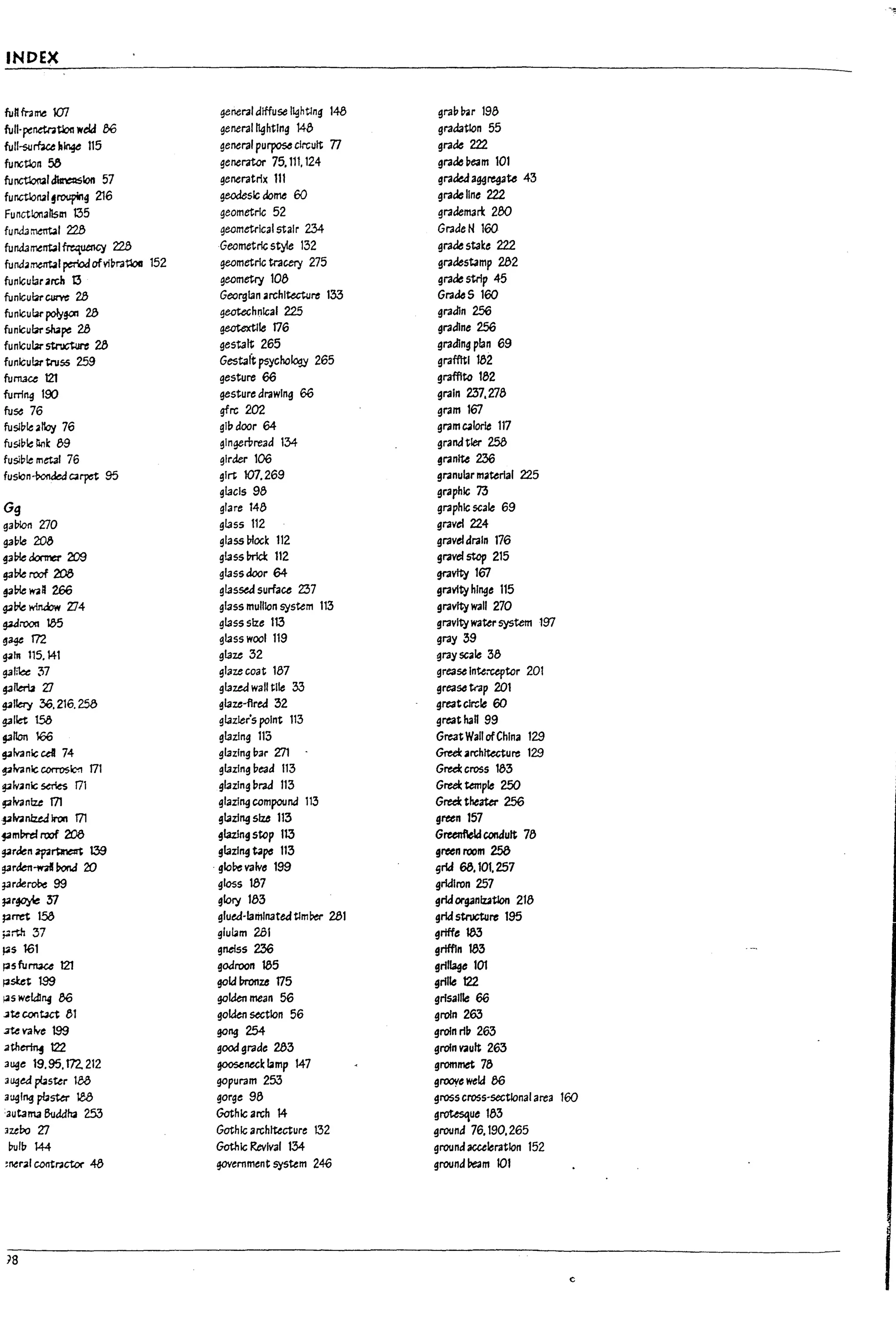 INDEX
fun fr3 me 107 general diffuse I~htlng 14S grau~r 198
full·penetnt.loa weld [;6 generalllghting 148 gradation 55
fu/l-surfau hln4e 115 general purpose circuit n grade 222
functlon 58 generator 75.111,124 grade ueam 101
functloo2l ~1on 57 generatrlx 111 gradedaggregate 4:3
functlolUl ~rouping 216 geodesic dome 60 grade line 222
Functionalism 135 geometric 52 graaemart 200
fund3~1 m geometrical stair 234 GradeN 160
fund3menbl~ m Geometric style 132 grade stake 222
funda:renbIperiodofvfpratloa 152 geometrlc tracery 275 gradestamp 282
funicular arch t3 geometry 108 grade strip 45
funlcu~ curve 2fJ Georgian archltuture 133 GraaeS 160
funlcut.rpotygcn 23 geotechnical 225 gradln 2.56
funlcu~ shape 2fJ ge.otextlle 176 gradlne 2.56
J
funlcul.1r ~ 28 gestalt 265 grading plan 69
funicular truss 259 Gestalt psychology 265 graffiti 182
furnace 121 gesture 66 graffito 182
furring 190 gesture drawing 66 grain 2:51.278
J
fuse 76 gfrc 202 gram 167
fus/ple alloy 76 gludoor 64 gram calorie 117
fus/~Ie nnk 89 gingerbread 134- grandtler 258
fusll71e metal 76 girder 106 ~ranlte 236
fuslon~C3rpet 95 girt 107.269 granular material 225
glacis 98 graphic T3
Gg glare 148 graphic scale 69
gatnon 270 glass 112 gravel 224
gal71e 20a glass Plock 112 gravel drain 176
~aPle &onrc 209 glass PrIcI: 112 gravel stop 215
93PIe roof 200 glass door 64 gravity 167
~Plew.~ 266 glassea surface 7:37 gravity hinge 115
~~ wlrubw Zl4 glass mullion system 113 gravity wall 270
~roon 135 glass Size 113 gravity water system 197
gage 172 glass wool 119 gray 39
~hI 115.141 glaze 32 gray scale 38
gal:k.e 37 glaze coat 187 grease Inte:uptor 201
93/1er1a Zl glazed wall tile 33 greaS<l ttap 201
~11ery 36.216. 253 glaze-flred 32 greatclrcle 60
galla 158 glazIer's point 113 greathan 99
~1Ion 166 glazing 113 GreatWall ofChina 129
g4lvanlc cell 74 gl3zlng uar 271 Gl'ubrchltecture 129
9 Ivanle C()rrO$~ 171 gl3z1ng l7ead 113 GruI: cross 183
~lvanle saies T71 glazing urad 113 Greek temple 250
l
~lvanl:ze 171 glazing compound 113 GruI: theater 256
~Ivanlzed Iron T71 glazing size 113 green 157
i3mUrtl roof 208 glazlng step 113 GreenfteId conduit 78
~rJen~~ 139 glazing tape 113 green room 25a
l
!prden-wa! ron& 20 . gloP" valve 199 grid 68.101. 257
~rde~ 99 gloss 187 gridiron 257
prP.J'le 37 glory 183 grid organization 218
J2rret 158 glued·lamlnated tlmw 281 grid structure 195
•
;;rt."t 37 glu~m 201 griffe ~
l
~s 161 gneiss 236 griffin 183
f35 furruce 121 goaroon 185 grillage 101
f3s1:et 199 gold In'onze 175 grille 122
L
i-3S weldl"4 [;6 gokfen mean 56 grisaille 66
.ltecontJct 81 golden section 56 groin 263
3te vaIve 199 gong 254 groin riP 263
3th~ 122 good grade 283 groin vault 263
L
auge 19.95. T72. 212 ~neck lamp 147 grommet 78
auged ~5ter 183 gopuram 253 groore weld 00
auglng pU~ 1.M gorge 98 gl"O$s cross-sectional area 160
autama Buddha 253 Gothic arch 14 grotesque 183
nero ?:l Gothic architecture 132 ground 76.190.265
L
Pulp 144 GothIc Revival 134 ground acceleration 152
~l1tral CO(!tr.1ctor 48 government system 246 ground be3m 101
r
U
}8
r
c
 