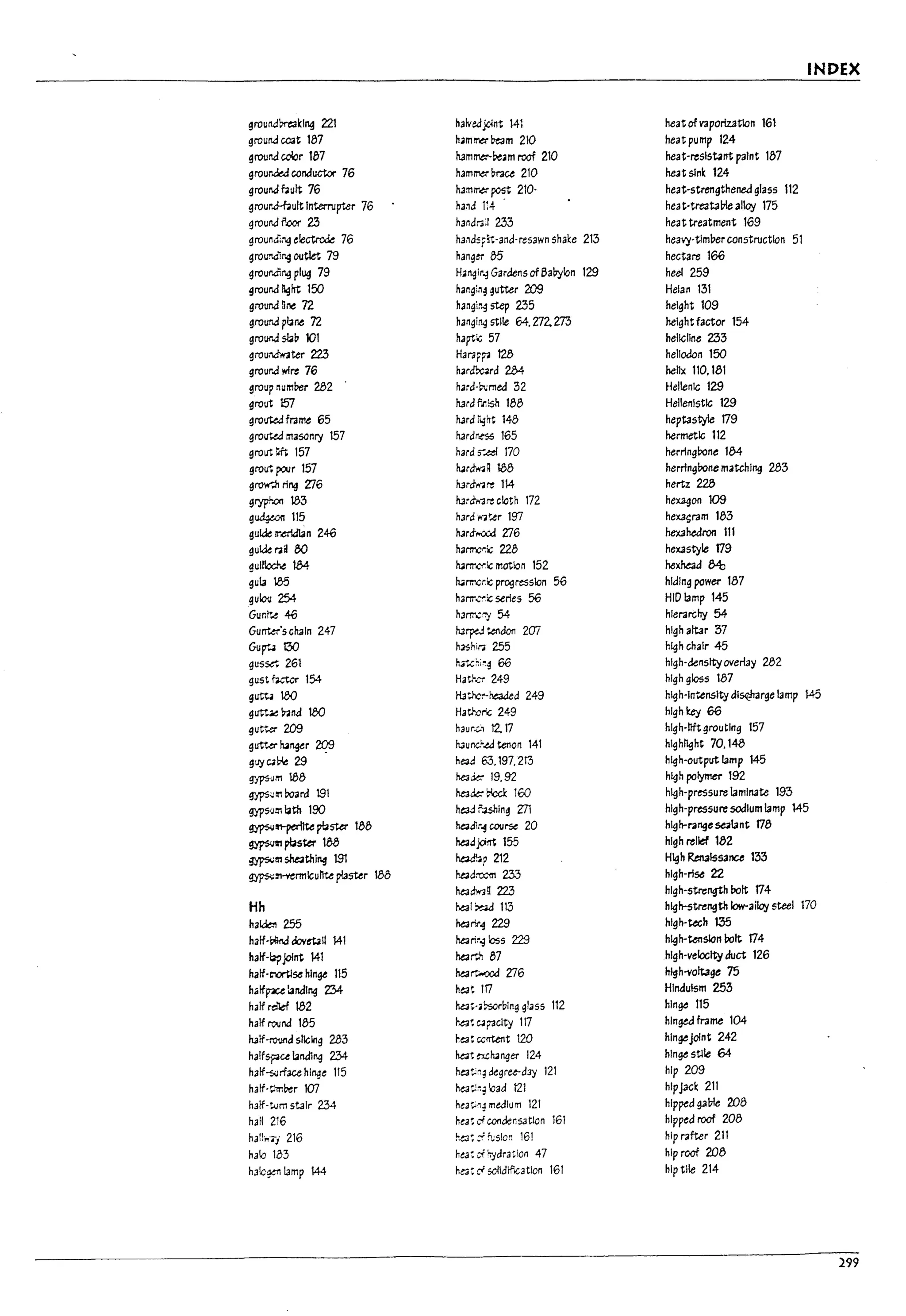 grouncJ~kl~ 221
grouncJ coot 137
grouna War tb7
grour~ conductor 76
grourJ t.ult 76
grour.J.-hult Interrupter 76
grourJ roor 2.3
ground"u"1g electrode 76
grolmding outlet 79
grour.ding plug 79
grour.a ~ht 150
grourJ nne 72
grouna pbne 72
grour.a $bu 101
groUM-Hater 22.3
grour.a wire 76
group numPer 2.b2
grout 157
grotMdframe 65
grotMd masonry 157
grout ~ 157
g~pour 157
grow-;h ri~ Zl6
grypi'.on 183
gud¥on 115
gulde~n 246
guide rag EX>
gul/cd-.e 1M
gub 1.85
gu~ 254-
Gur.r~ 46
GurTt.e:r's chain 247
Gur..4 00
gus~ 261
gust. mtar 154
gutt. 180
gut~nnd 180
gUt"".a' 209
9utt¢" h4"¥r 2q9
guyC4~ 29
gypsum 188
gYpS~1f1 roard 191
gyps~!I1 14th 190
gyp$'Jm-perIlte ~5W 188
gyp$m pbster 1M
~!!1 she3thfng 191
gyp$i::H'ermlcullte plaster 188
Hh
halde:1 255
h3lf-~ dov~U 141
half-byjoint 141
haff-C"«tlse hinge 115
h..ffpu tandl~ Z34
halfr~ 182
halfrwnd 185
haff-rotJt1d slicing 2.b3
halfspa bndlr.g 2.34-
haff"SIJrfau hlr.g~ 115
haff-tlml>er 107
haff-tlJm stair 234
hall 216
hall·"'"j 216
hala 183
hala~ lamp l44
halvedjcint 141
ham1M'" ~m 210
hammer-~.m roof 210
ham1M'" UT'3U 210
hal!1li"o¢( post 210-
ha~d 1:4 .
handr.;;1 233
hands?S"t-and-resawn shake 213
han~~ 85
Har.glr~ Gardens of 6a!7ylon 129
hanging gutter 209
han~i:>g step 235
hangii14 stIle 64. 2:12. Zl3
haptic 57
HmFP 128
h3rd'mrd 284
hard-~med 32
hard f.,l:sh 188
hard r~ht 148
hardr.eso 165
hards-~ 170
h4rd"t'f"4H 1M
hard"Ir"4r"e 114
hard"Ir"3r"e cloth 172
hard jlijJter 197
hard"...ocd Zl6
hanrcr:'c 228
h4r.r.x:1c motion 152
Iwnrcr.1c progresslon 56
h3nr...
~~ series 56
h3nr.:~ 54
harpeJ teno011 207
h4$hir;l 255
h...-Uhi~g 66
Hat·her 249
Hau-c:--reaaed 249
HatJ-:or'G 249
h3ur~" 12. 17
haur0.eJ tenon 141
head 63.197.2T3
ke3~ 19.92
hadab'lccl: 160
had f'.lShing 271
~dir~ COU~ 20
~djd1T"t 155
~? 212
r.e3arocm 233
headw3g 22.3
ke31~ 113
ke3rir~ 229
hari~~ loss 229
harP! 87
har-....ood 276
heat 1f7
heat-.;.soruing glass 112
hat C4racity 117
he; t ccr.tent 120
hat ~h4nger 124
he3U~~ ugree-dJ)' 121
hat!~~ 'cad t21
he3t.'~~ medium 121
h~3t cf C011dens.aClon 161
h~~ ;of fus!cr. 161
h~: cf hydration 47
he3~ cf scfldrflcatlon 161
INDEX
heatofvaportz.ation 161
heat pump 124
heat-reslsbnt paint lb7
he3t sink 124
heat-strengtheneJ glass 112
heat-treat3U1e alloy 175
heat treatment 169
heavy-timberconstruction 51
hectare 166
heel 259
Heial1 131
height 109
height factor 154
hellcllne 233
hel10d0n 150
hellx 110,181
Hellenic 129
Hellenistic 129
hept3style 179
hermetic 112
herringrone 184-
herrlngrone matching 283
hertz 228
hex,ogon 109
heX3!:ram 183
hexahedron 111
heX3style 179
hexhead e4J
hiding power 187
HlDbmp 145
hleT'3rchy 54
high altJr 57
high chair 45
high-densityoverl3y 282
high glass 187
high-Intensity dl~arge lamp 145
high key 66
hlgh-Ilft grouelng 157
high~ht 70,148
high-output lamp 145
high polymer 192
high-pressure laminate 193
high-pressure sodIum lamp 145
high-range~lant 178
high relief 182
High Retulssance 133
high-rise 22
high-strength bolt 174
high-stre~th low-ailoy $teel 170
high-tech 135
high-~sIon I10It 174
high-velocity duct 126
hlgh-voltage 75
Hinduism 253
hinge 115
hinged frame 104
hingejolnt 242
hInge stile 64
hip 209
hipJack 211
hipped g3U1e 208
hipped roof 208
hlp rafter 211
hlp roof 208
hlp tile 214
299
 