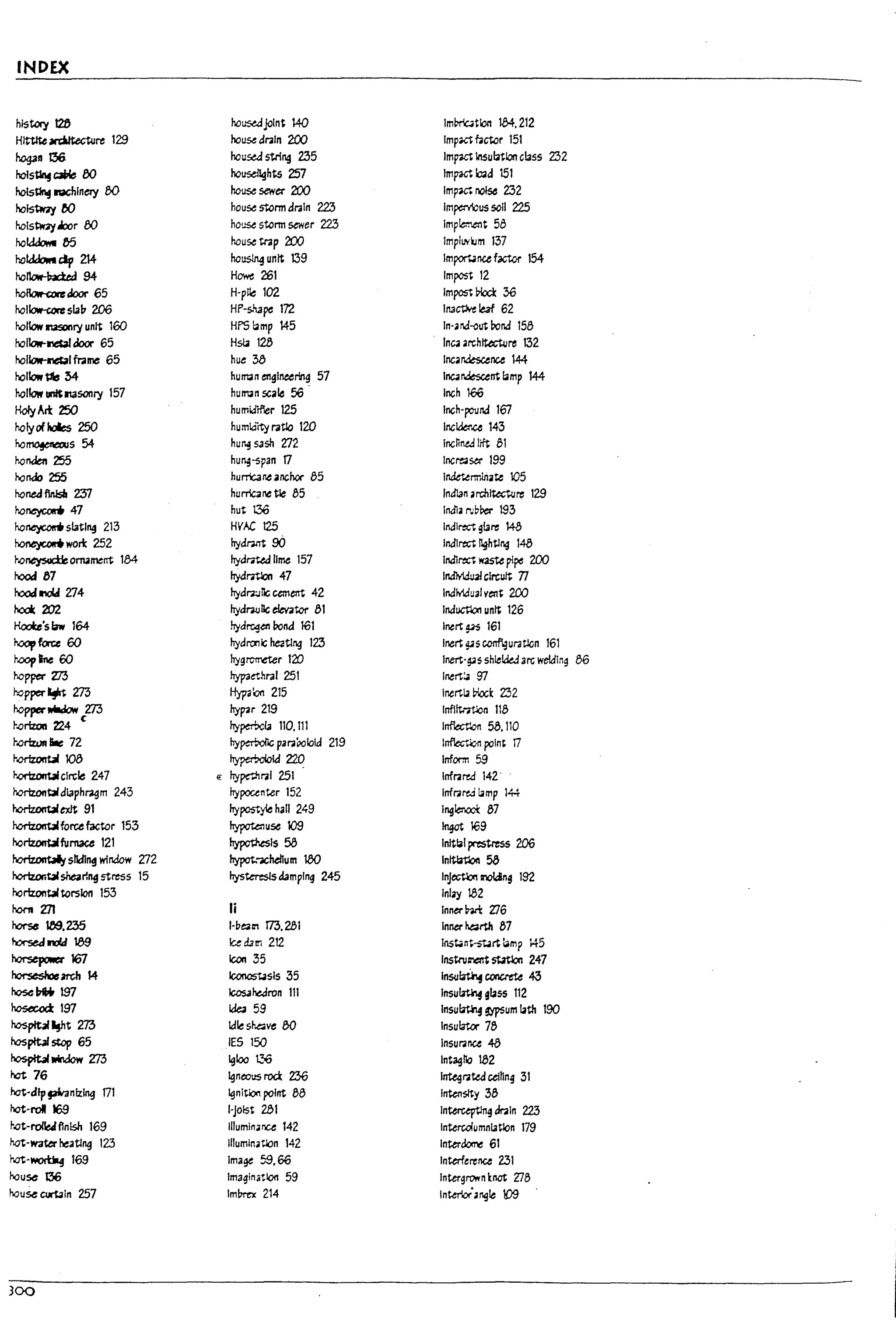 I
INDEX
hl$~ t2a house.djoint 140 lm~tlon 134.212
HIUlteaniltecture 129 hou~ anIn 200 Imp~ fictor 151
~.0g311 G6 house.:! string 235 Imput Insu~lon class 232
hols~ C3PIe 00 ho~hts 251 Impw.~d 151
hols~ NChlnel)' 80 ho~ sewer 200 Im~ noise 232
holstw.y fJO house stonn drain 223 Im~us soil 225
hols~.wr 80 house stenn sewer 223 Implt:nent 58
hok:l<JoM e5 house tnp 200 lmplwkJm 137
hotdt.brl dp 214 ho~unlt 139 lm~nufactor 154
honow-b:t.ed 94 Howe 261 Im~ 12
hoRow-c;oredoor 65 H-p~ 102 ImpostL>lccl: 36
hollow-coresla11 206 HP-sh3pc 172 1113~1eaf 62
hollow NSClnI}' unit 160 HPS bmp 145 In-~r.::!-out ror.::! 158
hollow-~ door 65 Hsb 12a InC4 ~rchtt:ecture 132
hol~lfr.ame 65 hue M lnc~nksc.ence 144
hollow~ M hum;;n englneerln~ 57 IIIC4n.:.!escent lamp 144
hollow unitmSOl1ry 157 hum;;n scale 56 Inch 166
HoIyArt 250 humidH'ler 125 Inch-pctJr.::! 167
noIyof holes 250 humidity ratio 120 Inclkr.ce 143
ho~s54 hU~S3sh 7:12 IncnntJ lift 81
1
roOnaen 255 hu~-sFan rJ IncreoaStr 199
hondo 255 hurr'G.lne anchor 85 I~rmlli.te 105
honed fWsII Z5l hurrlc3ne tie 85 IndlJn ;rchltectu~ 129
ho~47 hut 136 Indla r.;pPer 193
ho~ slating 213 HVAC 125 Indirect gbre 148
l
!-.oneyc.cri wort 252 hyanm 90 Indlrect ¥tJng 148
ho~omamerTt 1M hydrned lime 157 Indlrect W4Ste pipe 200
rood 87 hydrrtlon 47 Individualclrcutt n
rood.-.oY 274 hyarn!lc cement 42 Individualvent 200
l
hoct 202 hydn.ullc elevator 81 Induct1.:x1 unit 126
Hoob'slaw 164 hydrcgen rond 161 lnertps 161
roOOf' force 60 hyarooic heating 123 Inert~sconfl..3uratlGn 161
hooplne 60 hygT'01l"eter 120 lnert·~s shle~ arc welding 86
b
hopper Z!3 hyp3~hral 251 lnert~ 97
hopper~ 273 Hypa()n 215 inertiJ Plock 232
hopperMIdow 273 hyf73r 219 Infllt.mlon 118
horizoa 224 c hyperPcl3 110.111 Infb;t'.on 58. 110
L
horl:z&.m _ 72 hyperrolC pm;,olola 219 Inflec'".,i:;-n poln~ 17
r.ortwnt.i 108 ~22q Inform 59
horiz.on~ cIrcle 247 E: hypcthral 251 Infrared 142'
horizonblalaphragm 243 hypocenter 152 fnfrartJ t.mp 144
L
horiz.onbIextt 91 hypostyle hall 2~9 IngIenoc1: 87
~forcefacter 153 hypote:1use 109 Ingot l69
hortz.ont.1lfumace 121 ~fs58 Initial pc-estrtss 206
~slldl~wfndow 2:12 hypot:xhe/lum 100 In~53
L
hortz.or;~snearl~ stress 15 hystere:slsd3mpfng 245 InJ~ 1I'1CI4n9 192
horlz.on~ torsion 153 Inlay 182
hont Z71 Ii Innerm ZJG
~ 189,235 l-p~C'1 TT.3.281 Inner I.earth 87
"-'rseJ niJ 1a9 lceaz!!'i 212 II15~n~..art l.mp 145 "
~
~167 Icon 35 Il15tnJlI'Ient stztloo 247
~mhJ4 Iconostasls 35 Insu~ conum 43
~~t97 fcosJr.earon 111 Insu~ ibss 112
hosecoctl97 ~ 59 Insu~ !iJ"Sum bth 190
L
~¥tm Idle sr~ve 80 Insulnor 78
t-cs~ stop 65 IES 150 Insurance 48
hospfbI window 273 19100 1..'7,6 Int~fIo 1.82
hot 76 I9neous rod; 236 IntegraWcelhng 31
L
hot-"'P¢nnlzlng rJ1 I9nitlon point Be Intensity :38
hot-roW 169 I-Joist 281 Interctptlng dr.1ln 22.3
hot-roIIeJflnlsh 169 illuminance 142 fnterroiumnlatlon 179
not-waterheating 123 iIIuminatlon 142 fnterOome 61
b
rJJt-~ 169 Image 59,66 Interfe~nce 231
house G6 Imagination 59 Intergl"Ol'ln knot '1]8
houSe ~in 257 ImPm: 214 fn~·3ngle 109
L
r·~·
300
. -
i..-
 