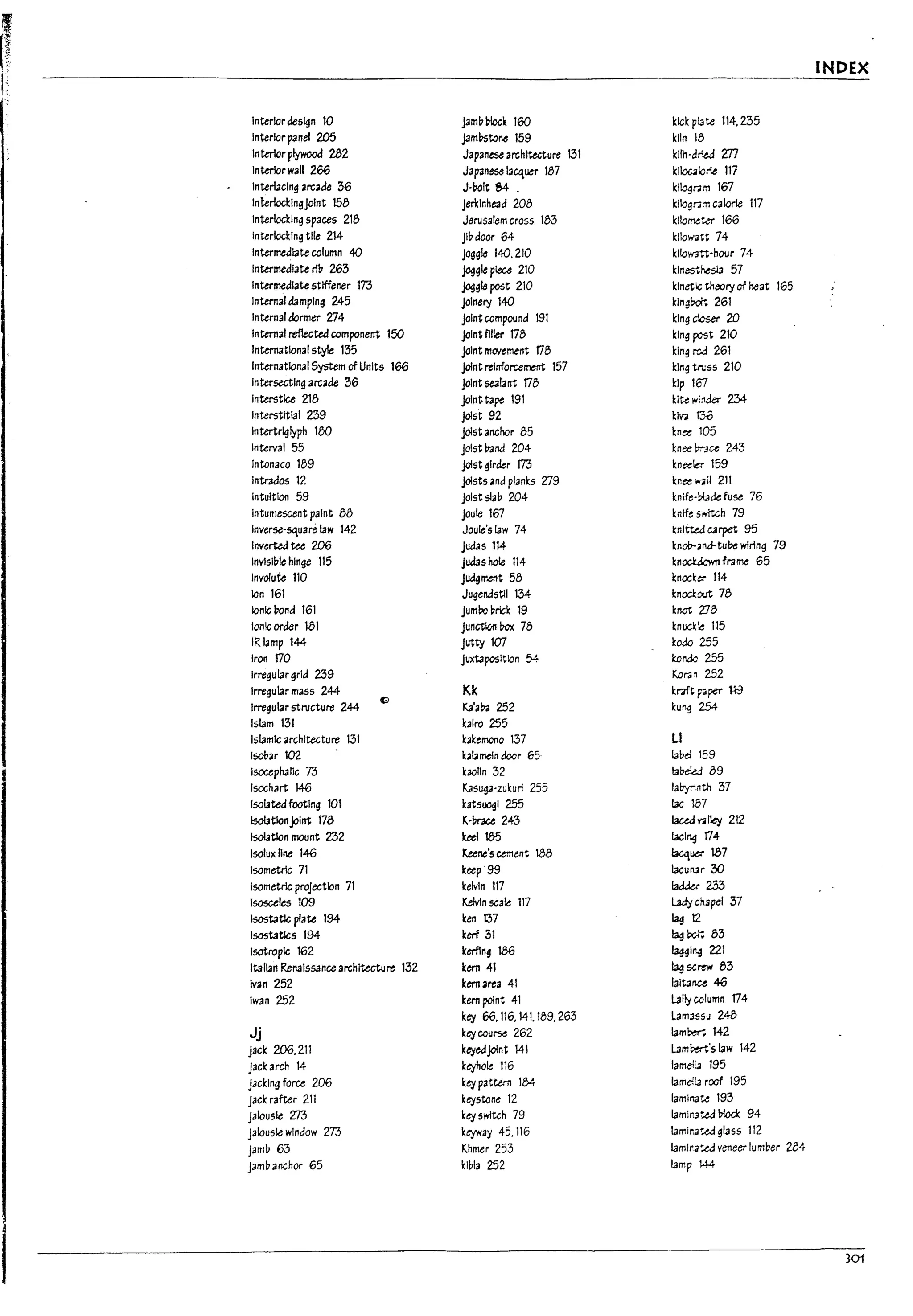 '-
Ii.~
Ii INDEX
Interiordesign 10 jamltltlock 160 kick p13te 114,235
Interiorpanel 205 jaml1stone 159 kiln 18
Interior plywood 282 Japanese architecture 131 klln-dr.ea m
Interior wall 266 Japanese lacq~ 187 klloulorle 117
Interlacing arcade 36 J-~It 84 _ kilo!Jr.om 167
Interlocl:lngjolnt 158 jerl:inhe:.ld 208 kllogrJ" caIorie 117
Interlocking spaces 218 Jerusalem Cross 183 kllome~ 166
Interlocking tile 214 jlltdoor 64 kilowatt 74
Intermediate column 40 joggle 140,210 kllowrtt-hotJr 74
Intermediate rilt 263 ./O!1gle piece 210 klnest~la 57
Intermediate stiffener 173 ./O!1gle post 210 kinetic theory of neat 165
Internal damping 245 Joinery 140 klngb«; 261
Internal dormer 274 jolntcompound 191 king closer 2D
Internal reflected component 150 Joint filler 178 king fOSt 210
International style 135 Joint mC'lemet1t 178 king rod 261
International System of Units 166 joIntrelnforc.ement 157 king trt.:ss 210
Intersecting arcade 36 Joint sealant 178 kip 167
Interstice 218 jolnttape 191 kite wlnaer 234-
Interstlt131 239 jolst 92 kiva 136
Intertrlglyph 100 jolst anchor 85 kn~ 105
Interval 55 jolstl1ancl 204 kn~mu 243
Intonaco 189 joist girder 173 kn~1er 159
Intrados 12 jolsts and planks 279 knee w:ail 211
Intuition 59 Joist slalt 204 knrfe-!*lclefuse 76
Intumescent paint 88 joule 167 knife s·...ttGh 79
Inverse-square law 142 Joule'slaw 74 ~nltW eJrpet 95
InverteJ tee 206 judas 114 knOO-.nd-tuPe wfring 79
Invlslltle hinge 115 judas hole 114 knockdown frame 65
Involute 110 Jucl9ment 58 knock~ 114
Ion 161 Jugenclstll 134 knock::vt 78
ionic rond 161 jumro urick 19 knotZJ8
Ionic order 181 junctJG.n I10x 78 knock'.e 115
IRlamp 144 Jutty 107 kodo 255
Iron 170 Juxtaposition 54 I:ondo 255
Irregular grid 239 Kor3~ 252
Irregular mass 244 Kk krrlt paper 18
Irregular structure 244
~
!:.a'aDa 252 kung 254-
Islam 131 kalro 255
Isf3mlG architecture 131 kakemono 137 LI
Isobar 102 k.lameln door 65- label 159
lsocephallc 73 bolln 32 IabeW 89
Isochart 146 Kasug:a-zukurl 255 labyr."t-h 37
Isolated footing 101 katsuogl 255 !ac 187
isolationjoint 178 K-Prace 243 1aud.,..11et 212
isolation mount 232 ~ 185 !acIng 174
lsolux line 146 I::..eene'scement 188 bcquer W7
Isometric 71 keep· 99 !acurtJr :?O
Isometric projection 71 kelVin 117 ladder 233
Isosceles 109 Kelvin scale 117 Wych3pd 37
IsostatlG plate 194 ken 137 lag 12
lsostatlcs 194 kerf 31 lag btj-; 83
lsotroplG 162 kerfl"~ 186 Iaggl~ 221
Italian Renaissance architecture 132 kern 41 lag screw 83
Ivan 252 kern 3rea 41 1a1t3r.u 46
Iwan 252 kern point 41 131lycolumn 174
key 66.116.141.189,263 13massu 248
Jj keycou~ 262 lam~ 142
Jack 206,211 keyedjoint 141 13m~'slaw 142
Jackarch 14 k~ole 116 lamell... 195
Jacking force 206 key pattern 134 lamella roof 195
Jack rafter 211 keyston~ 12 laminate 193
jalousie Zl3 key swttch 79 Iamln3ud block 94
jalousie Window 273 keyway 45.116 f3mir...'M:/ glass 112
Jamb 63 Khmer 253 Iamlna'M:/ veneer lumber 284
Jamb anchor 65 klbla 252 13mp W4
301
 