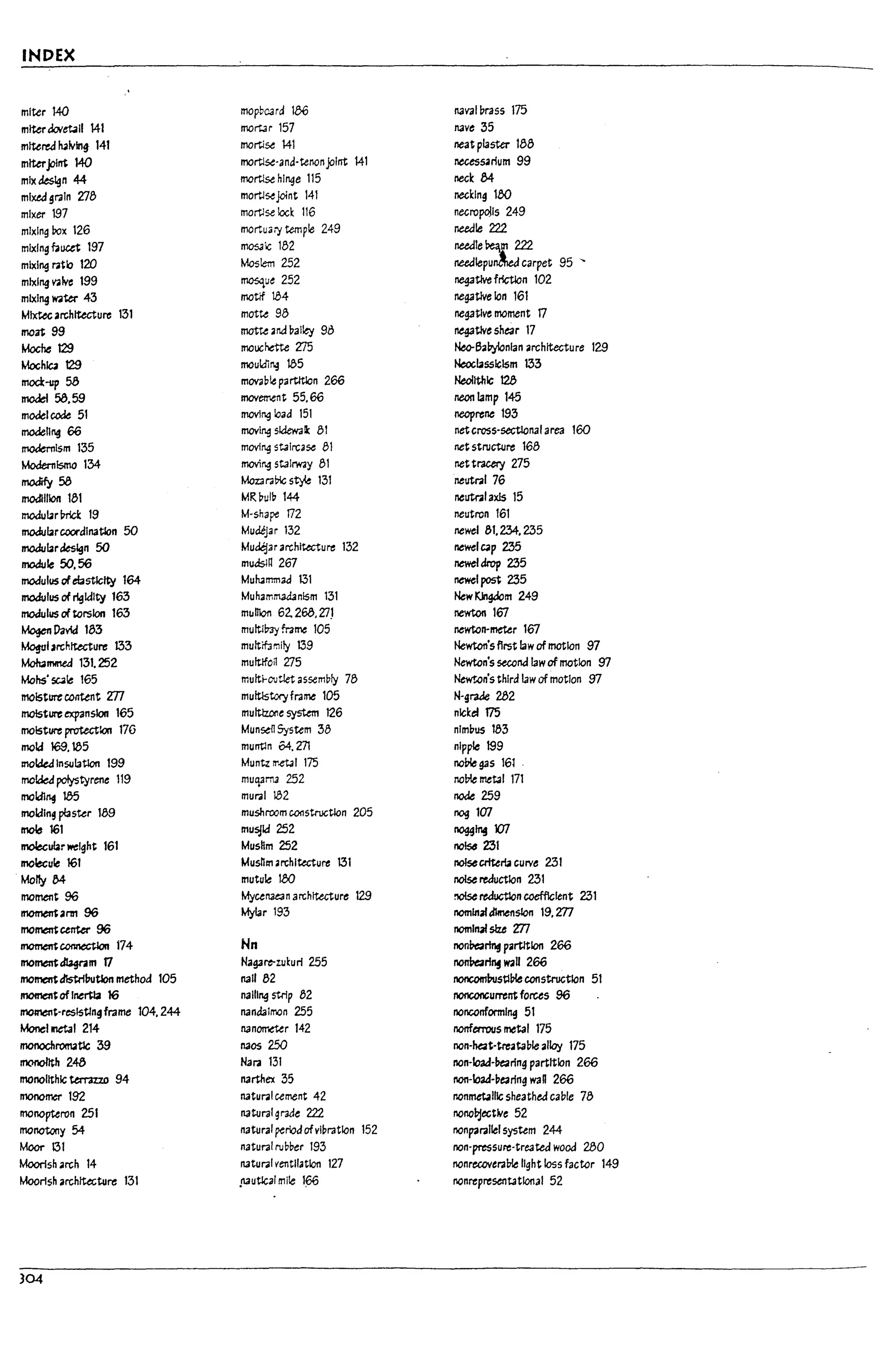 INDEX
miter 140 mopbC3rd 186 113vaI"ra5s 175
miterdaretall 141 mortar 157 Il3ve 35
mitered ~lvlng 141 morti~ 141 neat plaster 188
miterjolnt 140 morti~-and-tenon joint 141 necessarium 99
mix design 44 mo~ hinge 115 neck 84
mlxea grain V8 morti~Joint 141 necking 100 J
mixer 197 mortise locI: 116 neGropojls 249
mlxln~ Pox 126 mortuary temple 249 needle 222
mixing bucet 197 mos.;ic 182 needier
mixing I'lltb 120 Moslem 252 need!epu carpet 95 ~
mixing ~Ivc 199 mosqu~ 252 negative frictlon 102
mixing w.W 43 motif W4 Meg3tWe Ion 161
I
MIxUG architecture 131 motte 98 Meg3tlve moment fl I
moat 99 motte aM "al~ 913 negaUve shear 17 1
Moche 129 mouefrlt.e Z15 Neo-6.byIonlan architecture 129
Mochlc2 129 moulding 185 Neoclassicism 133
mock-up 58 movablt partltlon 266 Neolithic 128
mo<JeI 58.59 movement 55.66 necn lamp 145
model code 51 moving load 151 neoprene 193
modeling 66 moving skiew3i1: 81 netcross-sectloll3l area 160
mMmllsm 135 movfng stalrca~ 81 net structure 168
Modernlsmo 134 moving stall'W3Y 81 Mettracery 275
modify 58 Mozar;;?lc s~ 131 Meuml76
moJIJlIon 181 MRbulb 144 neutnl axis 15
modul4lr~ 19 M-shape 172 neutron 161
modul4lrcoordlnatlon 50 MudeJar 132 newel 61..2.34.235
modulardes~n 50 Mudejar architecture 132 newelQP 235
module SO. 56 mudsln 267 newel drop 235
modulus ofeb5tlc1ty 164 Mu~mmad 131 newel post 235
modulus of ~ldlty 163 Muhamm.1danlsm 131 New ~gdom 249
modulus of torsion 163 mlllllon 62. 268. 27J newtonlfi7
~David 183 mulUlr.3yframe 105 newton-metu lfi7
Mogul architecture 133 multif:3mily 139 Newton'sflrst law of motion 97
~11'IIneJ 131. 252 muftifon 275 Newton's second law of motion 97
Mohs'SC41e 165 multi-OIJUet assembly 78 Newt...on's third law of motion 97
molsttn'tcontent m multistoryframe 105 N-graae 282
moisture exp3nslon 165 multlzone system 126 nlckef 175
moisture protection 176 Munsell System 38 nimbus 183
mold 169. 185 muntln 64. 271 nipple 199 I
molde4lnsulatlon 199 Muntz rr.etJ1 175 noP!e gas 161 .
molded polystyrene 119 muqarna 252 naVle metal 171
moldll14 U)5 mural 182 node 259
I ,
moldln9 plaster 189 mushroom constructlon 205 nogl07
/
..
~ 161 mU!:l1d 252 nogg~m
molecular weight 161 Mushm 252 no~ 231
molecule 161 Musnmarchltecture 131 noiseCl'&1ia curve 231 I
Molty 64 mutule 1M noise reduction 231
k
moment 96 Mycenuan architecture 129 !IOIsereduction coefflclent 231
~.nn 96 Mylar 193 nominaldimension 19. m
mo~center 96 nominal slze '07
I
~ connectlon 174 Nn non~rInf partition 266
mo~~m U Nagarc-zul:url 255 norWearl~ w.U 266 l.
momentc:IIstril7utJon method 105 1l3i1 82 I'IOfICOInl,ustlP!econstruction 51
Il1Oft1entof lnertla 16 nailing strip 82 nonconcurrentfolUs 96
L
II1Oment-reslstln~frame 104.244 Il3naalmon 255 nonconforming 51
Monellletal 214 Il3nometer 142 nonferrous metal 175
monochrONtlc 39 Il30S 250 non-hQt-trc.t3u!e alloy 175
monolith 248 Nara 131 non-Ioaa-l1e3ring partltbn 266
L
monolithic ttrmzo 94 narthex 35 non-loaJ-pearing wan 266
monomer 192 Il3tul'lll cement 42 nonmetallic sheathed cable 78
monopteron 251 Il3tural grade 222 nonobjectNe 52
monotony54 natural period ofvl~r;;tion 152 nonparallel system 244
L
Moor 131 natural rubDer 193 non-prcssure-treated wood WO
Moorish .rch 14 Il3tural ventilation 127 nonrec.overaVle light loss factor 149
Moorlsh arcl1~ture 131 .nautlcal mIle 1% nonrepresent3tlonal 52
J
li
304
f
L.::
 