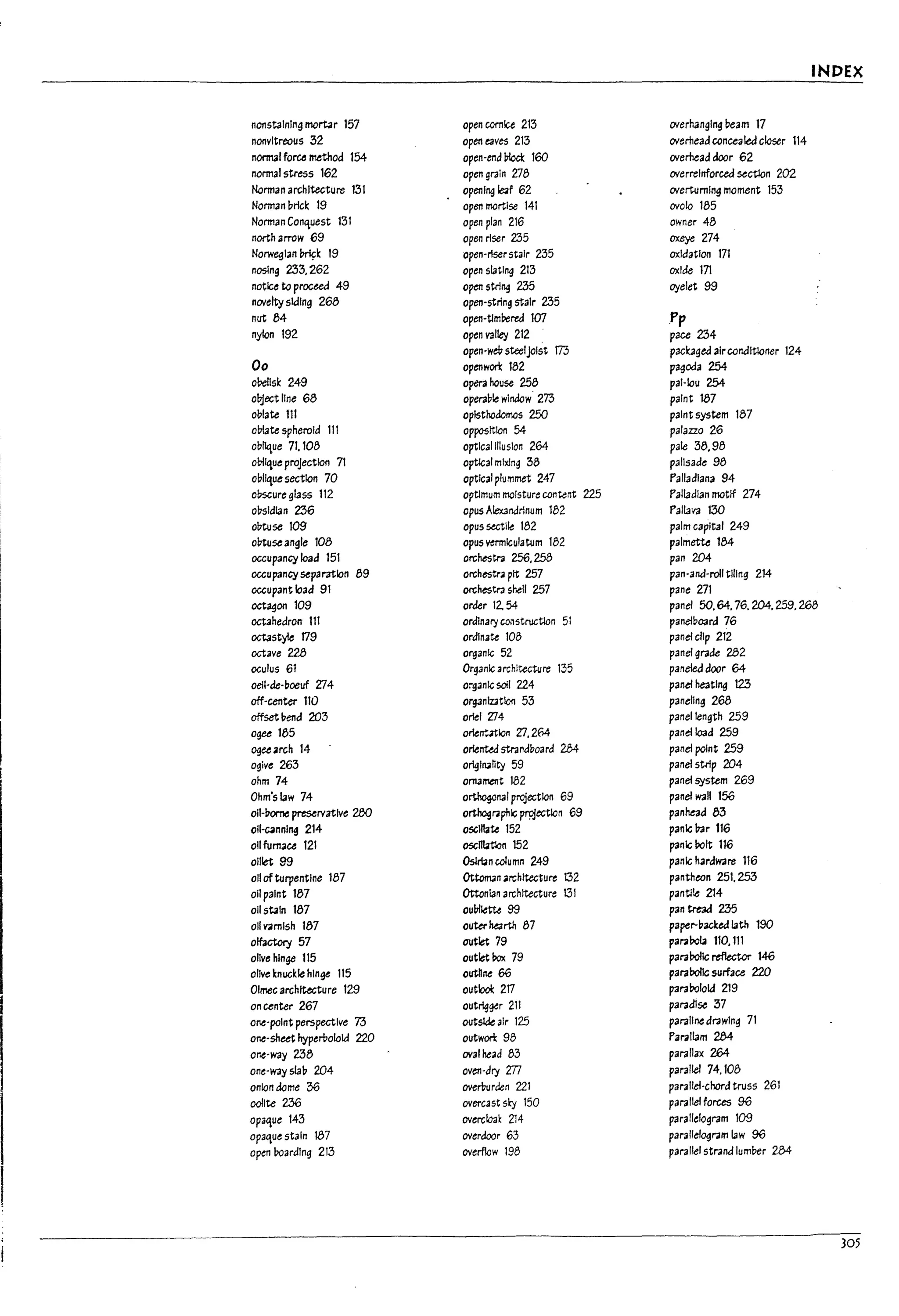 n01lstalnlng mort3r 157
nonvltreou5 52
nortrl3/ force method 154
normal str~s 162
Norman architecture 151
Norman brlc~ 19
Norman Conquest 131
north arrOW 69
Norwegian Iniy~ 19
nosing 233,262
notice to proceed 49
novelty siding 268
nut 84
nylon 192
00
obell~ 249
object line 68
oblate 111
oPIate spheroid 111
ob~ue 71. 108
ol7llque projection 71
oblique section 70
obscure glass 112
obsidian 236
obtuse 109
obtuseangle 108
occupancy load 151
occupancy separation 89
occupant load 91
octagon 109
octahedron 111
octastyle 179
octave 228
oculus 61
oell-&e-boeuf 274
off-center 110
offset l1end 203
ogee 185
ogee.rch 14
ogive 263
ohm 74
Ohm'slaw 74
ell-borne preservative 280
oll-c.nnlng 214
ollfurn.u 121
oUIet 99
011 of turpentine 187
oilpalnt 187
oilstaln 187
oi/v;arnlsh 187
olfactot:i 57
olive hinge 115
olive knuckle hinge 115
Olmec architecture 129
on center 267
one-point perspective 73
one-sheet hyperoolold 220
one-way 238
one-way slab 204
onion dome 36
oolite 236
opaque 143
opaque stain 187
open boarding 213
open cornice 213
open eav~ 213
open-end I1locl: 160
open grain V8
openl~ Ie;;f 62
open mortise 141
open plan 216
open riser 235
open-riserstair 235
open slatl~ 213
open 5tr1~ 235
open-5trln~ stair 235
open-timbered 107
open valley 212
open-wet? steelJOist 173
openwort 182
opera house 258
operal11e Window· 273
oplsthodomos 250
opposition 54
optical illuSion 264
optical mlxlng 58
optical plummet 247
optlmum moisture content 225
opus Alexandrlnum 182
opus StGtile 182
opusvermlculatum 182
orchestra 256,258
orch~tr;J pit 257
orch~tra shell 257
order 12. 54
ordinary co"structlon 51
ordinate 108
organic 52
Organic architecture 135
o:-ganlc soil 224
organlz3tlon 53
orfel Z14
orient~1on 2J. 264-
oriented strand!1oard 284
orlgl~nty 59
ornament 182
orthogonal projection 69
orthD9r3phlc prpjectlon 69
oscIllate 152
osclttatlon 152
OsIrtin column 249
Ottoman ;Jrchltecture 132
Ottan13n archttecture 131
oul7l~ 99
outerIlearth 87
outlet 79
outlet rox 79
olltnne 66
outlool: 217
outrigger 211
outside air 125
outwort 98
0'131 head 83
oven-dry m
overourden 221
overcast sky 150
overc103k 214
overdoor 63
overflow 198
INDEX
overhanging beam 17
overhead concealed closer 114
overhead door 62
overrelnforced section 202
overturning moment 153
ovalo 185
owner 48
oxeye 274
oxidation 171
oxIde 171
oyelet 99
.Pp
pace 234
pacbged airconditioner 124
pagoda 254-
pal-Iou 254
paint 187
paint system 187
palazzo 26
pale 38,98
palisade 98
Palladlana 94
Palladian motH' 274
Pallava 130
palm capital 249
palmette 184
pan 204
pan-and-roll tilIng 214
pane 271
panel SO, 64, 76.204,259,268
panelboard 76
panel cflp 212
panel grade 282
paneled door 64-
panel l!e3tlng 123
paneling 268
panel length 259
panel load 259
panel point 259
panel strip 204-
panel system 269
panel waH 156
panhead 85
panic Ir.tr 116
panic bolt 116
panic hardware 116
pantheon 251. 255
pantlle 214
pan tre3d 255
paper-backed lath 190
pal'2Pola 110,111
parabolic reflector 146
parabolic surface 220
paraboloid 219
paradise 37
parallne drawIng 71
Parallam 284-
parallax 264
parallel 74,108
parallel-chord truss 261
parallel forces 96
parallelogram 109
parallelogram law 96
parallel strand lumPer 284
305
 