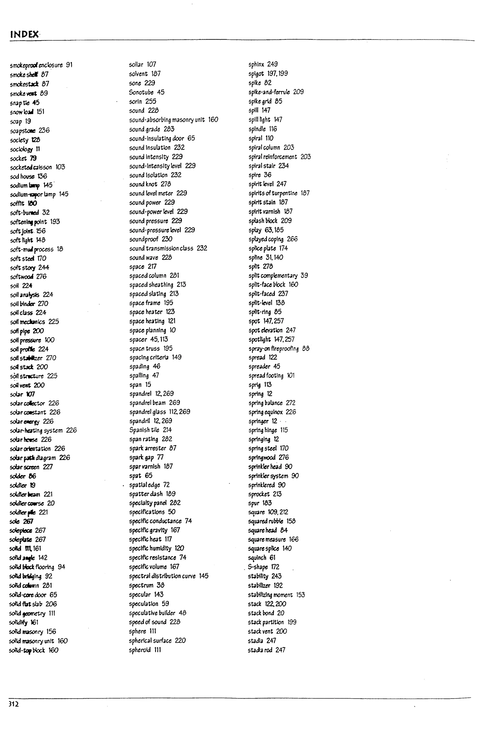 INDEX·
smokeprodenclosure 91 sollar 107 sphinx 249
smoke sid 1)7 solvent 187 sp~ot 197. 199
smokesta2 1)7 sone 229 spike 1)2
~~1)9 Sonotul1e 45 splke-and-ferru1e 209
snaptle 45 sorln 255 splke grid 1)5
snowloa-l 151 sound m splll 147
S03p 19 sound-al1sorDlng masonry unit 160 spill hght 147
S03pstce 236 sound grade 283 spindle 116
society tW sound-Insulating door 65 splral 110
sociology n sound Insulation 232 spiral column 203
socket 79 sound Intensity 229 spiral reinforcement 203
SOCketedC4lsson 103 sound-Intensity level 229 spiral stair 234
l
sodhousc 00 sound Isolation 232 splre :36
sodium bItp 145' sound knot 271) splrlt level 247
sodlum-GpOr t.lmp 145 sound level meter 229 spirits ofturpent1M 187
soffit leO sound power 229 spirit stain 187
l
soft;-UurItA 32 sound-power level 229 spiritvamIsh 187
softenl", point 193 sound pressult 229 splash ~k 209
soft;JoI'" 156 sound-pressult level 229 splay 63.185
soft; hgItt 148 soundproof 230 splayed coping 266
l
soft;-mudprocess 18 sound transmission class 232 spl1ce plate 174
soft; sted 170 sound wave 22b sp"ne 31.140
soft stofy 244 space 217 spilt V8
soft;wood V6 spaced column 281 spilt complement~1)' 39
soil 224 spaced sheathing 213 spllt-face!rlock 160
l
soil./lalysis 224 spaced slatlng 213 spllt-facecJ 237
soU PinJa VO space frame 195 spilt-level 138
sail class 224 space heater 123 spilt-ring e5
sdf~1cs 225 space heating 121 spot 147.257
L
sdtpl~ 2CO space planning 10 spot elMtlon 247
soli pressure 100 spacer 45.113 spotl~ht 147.257
soil profIe 224 spaCtl truss 195 spray-on flreprooflng 88
soli stMzer VO spacing crlterl3 149 spre3d 122
L
soil stact 200 spading 46 spreader 45
sOil str.;:t.ure 225 spailing 47 spread foot!ng 101
soiIytg 200 span 15 sprig 113
sob.. m spandrel 12.269 spring 12
L
sobrcoht.or 226 spandrel !?eam 269 spring ~alance V2
solarCOIIStJnt 226 spandrel glass 112. 269 spring equinox 226
I
soIa..~ 226 spandril 12.269 springer 12 .
solar-hating system 226 Spanish tHe 214 spring hinge 115 .
l
sobr~ 226 span rating 282 springing 12
solar ~tIon 226 span:: arrester 87 spring steel 170
sobr~d13gram 226 span::gap 77 springwood V6
sobr sc;n:en 2Zl s~r vamlsh 187 sprinkler he3d 90
saYer e6 spat 65 sprinkler system 90
L
soldier 19 spatial edge 72 sprink1ered 90
soCdIerD1 221 spatteraash 11)9 sprocket 213
soYIc:rcorse 20 specialty panel 282 spur 183
soYIc:rpie 221 specifications 50 sqU2re 109. 212
,
sole 2JU specific conductance 74 squared ru~ 158
1.
~267 specific 91'3vIty 167 square~ f)4
soCepfate 267 specific heat 117 square measure 166
soY tt1.161 specific humicllty 120 square splice 140
L
sana•• 142 specific resistance 74 squinch 61
soIt.d Woct flooring 94 specific volume 167 . $-shape 172
so(kl~l~ 92 spectral dlstriPutlon curve 145 stalnhty 243
soIld coImn 281 spectrum 38 staPil1zer 192
L
sona-an000r 65 specular 143 staPillzlng moment 153
soIld flg sIa!1 206 speculation 59 stack 122,200
soIld~ 111 speculative builder 48 stack rond 20
solidify 161 speed of sound 228 stack partltlon 199
L
soIld masonry 156 sphere 111 stack vent 200
solid masonry unit 160 spherical surface 220 stadia 247
soIld-tDp PIocl: 160 spheroicl 111 stadia rod 247
I
1.J
0
312
, r
f
 