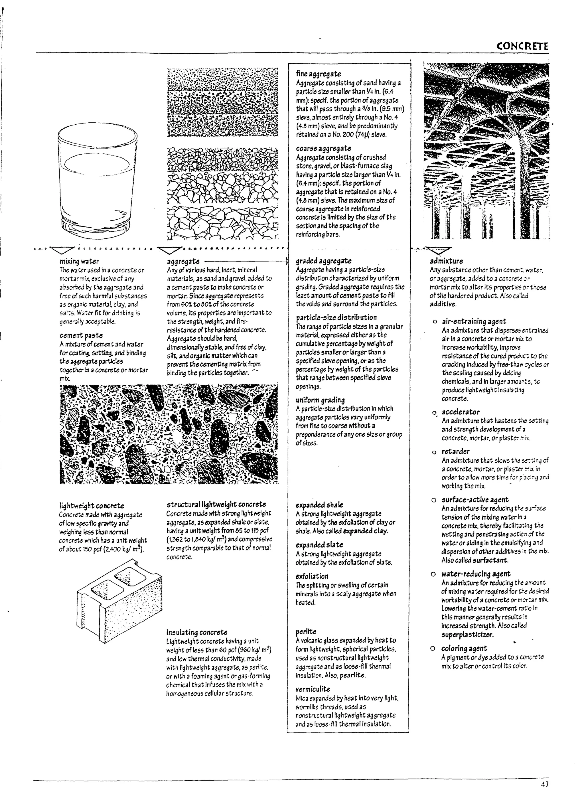 r
I
I
r
.c_JL&~;(JlfJllf1I~d.'t}§O • •
mixing W4ter
The W3~r used In aconcrete or
rnortJr mix. exclusive of any
abs~ Dy the aggregate and
free of such h3rmfulsubstances
as O1"~pnic materol cl3y. and
salts. W3Wfrt for drinking Is
genenHy 3CCepta~1e.
cemertt p~5~
AmlxtlJre ofcement and water
forCC3~ setting. and ~1nd1ng
t:he~pm!cles
~1er!n a concrete or mortar
fix.
I~ htweiglrt COncrete
ConcrC"'"~ m.ade wt?I ~regJte
of low $p'X!& gr.Mty and
~hlng less th3n nonTIJl
conc~ which !us aunit weight
of about t:o pcf (2.400 Ko/ m3).
~'* A_. , • « •.• .• .1 , . . . . . . . , ,
agg~ate
Any of various hard. Inert. minerai
materials, as sand and gravel. added to
acement paste to make concrete or
mortar. Since agg~ate represents
from 601 to50% of the concrete
volume. its properties are Important to
the strength. weight. and fire·
reslstaneeofthe hardened conerete.
Agg~te shoukI ~ hard.
dimensionally stable. and fru ofclay,
srlt. ana organic matter which can
prevent thecementlng matrix from
binding the particles together. --
structur41lllghtweiglttconcrete
Concrete II13de with strong lightweight
aggrt43te. as expanded shaleor slate,
having aunit weight from 85 to 115 pcf
(1.362 to 1,840 k~1 m3) and compressive
strength comparable to that of normal
concrete.
insu13tin9 concrete
lightweight concrete h3vlng aunit
weight of less than 60 pef (960 kg! m3)
and low thermal conductivity, made
with lightweight aggregate. as perlite,
or with afoaming agent or gas·formlng
chemical that Infuses the mix with a
homogeneous cellular structure.
fine aggregate
Aggregate consisting ofsand haVing a
particle size smallerthan 1f41n. (6.4
mm): sptclf. the portion ofaggregate
that 1'1111 pass through a3/& In. (9.5 mm)
sieve, almost entirely through aNo.4
(4.8 mm) sieve, and be predominantly
retained on aNo. 200 (74~ sieve.
coarse aggregate
Aggregate consisting ofcrushed
stone. gravel. or I1last-fumace slag
having a particle size larger than 1f4In.
(6.4 mm): speclf. the portion of
aggregate th3t Is retained on aNo. 4
(4.8 mm) sieve. The maximum size of
coarseaggrl:9ate In reinforced
concrete Is limited by the size ofthe
section ana the spacing of the
reinforcing ~ars.
graded aggregate .
Aggrl:93te having apartlcle-slze
distribution ch3raGterized by uniform
grading. Graded aggregate requires the
least amount ofcement paste to fill
the voids and surround the particles.
particle-sizedistribution
The range of particle sizes In a granular
material. expressed eitheras the
cumulative percentage by weight of
particles smalleror larger than a
speGlfled sieveopening. oras the
percentage by weight ofthe partlcles
that range between speclfled sieve
openings.
uniform grading
,.. particle-size distribution In which
aggregate particles vary uniformly
from fine to coarse wtthout a
preponkrance ofanyone size or group
of sizes.
expankd shale
Astron~ lightweight aggregate
oUtalned by the exfoliation of clayor
shale. Also called expanded clay.
expanded 51a~
Astrong lightweight aggregate
oUtalned by the exfoliation of slate.
exfolLrtion
The sphttlng or swel/lng ofcertain
minerals into ascaly aggregate wnen
heated.
perlite
Avolcanic glass expanded by heat to
form lightweight, spherical particles.
used as nonstructural lightweight
aggregate and as loose-flll thermal
Insulation. Also, pearlite.
vermiculite
Mica expanded by heat Into very light,
wormlike threads, used as
nonstructural lightweight aggregate
and as loose·ftll thermal Insulation.
(ONCRETE
o air-entraining agent
An admixture that dlsperses entrained
air In aconcrete or mortar mix to
Increase workability, Improve
resistance of the cured proa'_ct to the
cracking Induced byfree-tha 1'1 c)ldes or
the scaling caused by deicing
chemicals. and In larger amcu~~5, tc
produce lightweight Insulatln9
concrete.
o~ acceleratcr
An admixture that h3stens the sectlng
ana strength development of •
concrete. mortar, or plaste:' r.-rx.
o retarder
An admixture that slows the setting of
aconcrete, mortar. or plasttr ~i;( In
order to allow more time for pl3c:ng and
working the mix. -
o surface-active agent
An admixture for reducing the surface
tension of the mixing water m~
concrete mix. thereby facilitating the
wetting and penetratlng actlc" of the
wate. or aiding-In the emulsifying and
dispersion of otheradditives in the mix.
Also called surfactant.
o water-reducing ~ent
An admixture for reducing the amount
ofmixing water required for the desired
workabmty of aconcrete or m~.3 r mix.
lowering the water-cement rat~ In
this manner generally results In
Increased strength. Also called
superplastlclur.
o coloring agent
Apigment or dye added to aconere te
mix to alter or control its color.
43
 