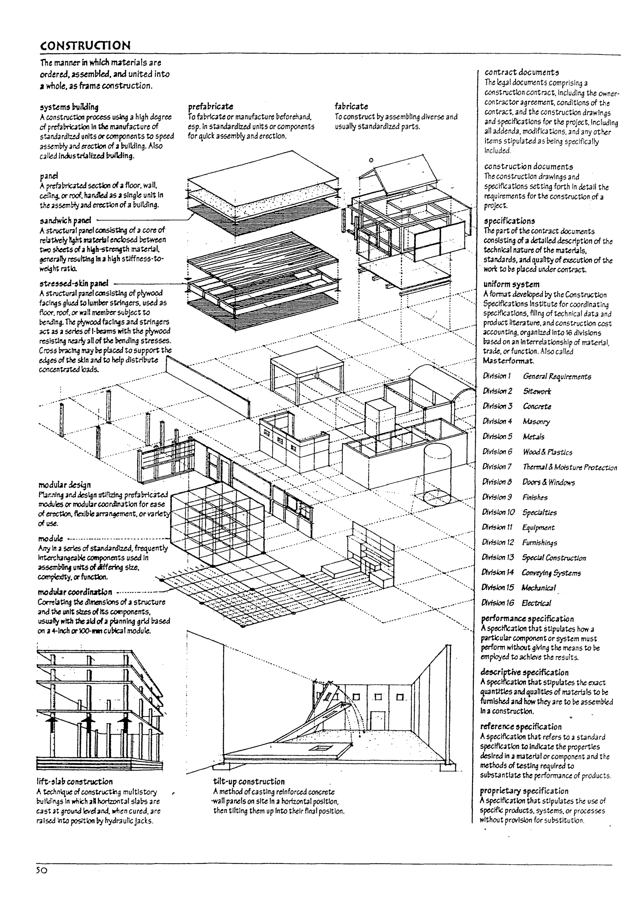 (ONSTRUcnON
The manner in whIch IUterials are
ordered. assemlkd. 3M united into
J whole. 3S fr.am~ construction.
,ysttm, Pui1di~
Aconstnsctlon prcuss U5ln9 a high d~ree
of pref.l!nic4tlon In t1Ie nunufacture of
standardlztd units or components to speed
a-s~m171y and /:rectlon of alnJlldlng. Also
called Industrialized Puitding.
panel
A pref.ll7riciW sectlon ~ afloor. wall.
cein"40 or roof. h4nkJ as asingle unit In
the assem~ and erectlon ofa pullding.
prefal1ricm
r0 fabricate or manufacture 17eforehand.
esp.ln standardized units or components
for qUid assem171y and erection.
fabricate
r0 construct l7y assembling diverse and
usually standardized parts.
,.,n.:iwich p~ ----------'
A stnsctural p3nel CQ1S!stlng of acore of
rebUvei)' ~ mterial ent;osed Petween
two sheru ~ ah~h-st~ material.
~rally re5lIltlng In a high stlffness'to-
weight ratio.
we,5ed-5kin pand --------II~__
Astructural p3nel cooslstlng of plyw~
facings gl~ to lum!ler stringers. used as
~.oor. roof. or WAil memw$.IbJect to
Dendlng. The plywood bclngs and stringers
act as a~rb ofI·beams with the plywood
resisting ~~ all ofthe M1dlng stresses.
Cross l7r3c~ rruy ~pUc.edto support the
edges of the skin and to Idp distribute
ccnc.entrne.d loads.
.......
···-1
'.
",
"
modul;r~n
f'lwr.mng al'lJ design at!~1Zing prefalnic3teJ
Il"()(lyles or rroaubrcoordlnatlon for ea~
of ~ flexJbleam"¥f11ent. orvarie
~U:Se.
module _.-..•..- ........- ..-... "".'.-
Arty In a ~ of standard1zea, frequently
i1Tterchange.il~ components used In
ass.e:n~ untts of.tff~ size.
~Y. orfunalon.
modular coordiutfyn -.......- .--.-
Cornbtl~ the dimensions of astructure
and PIe unit sizes ~ Its cocnponents,
~ with ~ alJ ofaplanning grid l7ased
on a+Jnch or1OO-lI'II1cu~1 module.
lift·,Llb co~ion
A technlq~ of constr~lng multiStory
!7ulldings In ...mich aA horizontal stabs are
C3St ,t ground b-efand. wnen cured. are
raised Into position Vy hydraullcJacks.
50
tilt-up construction
Amethod ofcastlng relnforua concrete
-wall panels on site In ahorizontal position.
then tilting them up Into their final position.
...<..~~'.'-'"
".
--"-:.
.---
..-=:-..r:;..............
",
-',
contract documents
The Ieq;I documents comprising a
construction contr;lct.lncludlng the owner'
contractor agreement. conditions of the
contr3ct. and the construction drawings
and s~iflcatlons for the proJect. Including
all addenda. modifications, and any ather
Items stipulated as being specifically
Included.
construction documents
The ccnstructlon drawings and
speciflcatlons setting forth in detail the
I't<uirements for the constroctlonof a
project.
'peciflCaticn,
The partof the contract documents
consisting of a ~11ed description of the
technical nature of the materl4ls.
standards, anaquality ofexecution of the
. work to ~e pbced ul'lJer contract.
uniform ~y~um
Afo/'lT13t developed Py the Constructlon
Specifications Institute for coordinating
spectficatlons. flllng of technical data and
product literature. and const<uction cost
accounting. organized Into 16 divisions
l7ased on an Interrelationship of materiJl,
trade. or function. Also called
Masterionnat.
Oivision 1 Gene,./ Req,uirement5
Otl'f51on2 ~
OIrlslon 3 ~
OIrlsJon4 ~ry
OirlsJotl5 Met...1s
Oirlslon G Wooa'& P135tJcs
Olvlslon 7 ThmTLl/ &Moisture ProUctJ:;n
OIrislOf'l~ Doors &Windows
Otl'f51on9 Finishes
Oirls/on 10 Speci3/tJes
D/rI5lon 11 EqUipment
Oil'f5ion 12 Furnishings
D/risJon 13 5ped31ConstroctJon
{)(YisJon 14 Ccrweyfn, 5ysU~
{)(rlsJon 15 1kcJunJaf
Otrlslon 16 Bectnc41
perlormanu 'pecification
Aspeclflcatlon that Stipulates how a
particular component or system must
perform without gMng the means to be
employed to achieve the results.
c:f~rjptlve 'pecification
Aspectftcatlon that Stipulates the ex3ct
CU3nt/tles and Cuahttes of rroterlals to be
fumlshed anahow they are to De asseml">led
In aconstruction.
reference ~pecification
Aspecification that refers to astandard
spectfic.atlon to Indicate the properties
desired In <I ~terlal or component and the
methods oftesting required to
substantl3te the performance of products.
proprietary 'pecification
Aspecification that stlpul3tes the use of
specific products. systems. or processes
without prOVision for substitution.
Ii
!
I
I:
j
I
lj
I
I ;
i
1j
i
1i
I
b
.
U
~
I
L
,
L
•
t
I.
L
,
f
!
l~
I
 