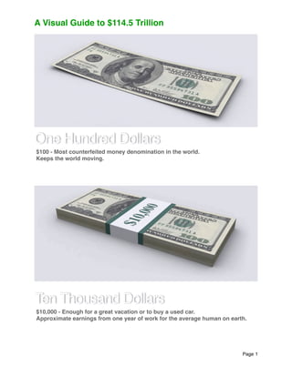 A Visual Guide to $114.5 Trillion




One Hundred Dollars
    $100 - Most counterfeited money denomination in the world.
    Keeps the world moving.
 

  




Ten Thousand Dollars
    $10,000 - Enough for a great vacation or to buy a used car.
    Approximate earnings from one year of work for the average human on earth.
 



!                                                                           Page 1
 