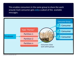 This enables consumers in the same group to share the work
around. Each consumer gets only a subset of the available
messages.
Partition n
Topic “Parties”
Partition 1
Producer
Partition 2
Consumer Group
Consumer
Consumer
Consumers share
work within groups
Consumer
©Instaclustr Pty Limited 2019, 2021, 2022
 