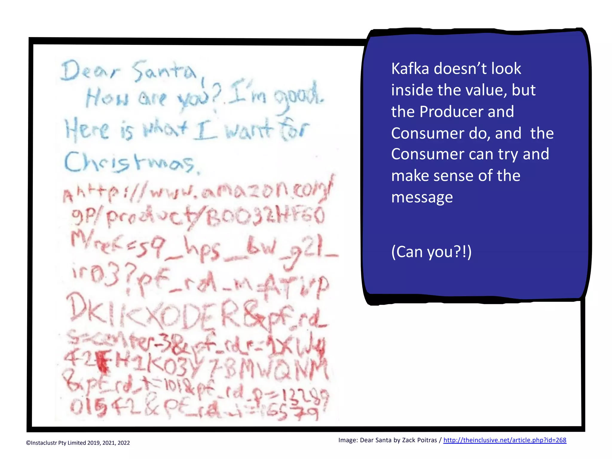 Kafka doesn’t look inside the value, but the Producer and Consumer do, and the Consumer can try and make sense of the message (Can you?!) Image: Dear Santa by Zack Poitras / http://theinclusive.net/article.php?id=268 ©Instaclustr Pty Limited 2019, 2021, 2022 