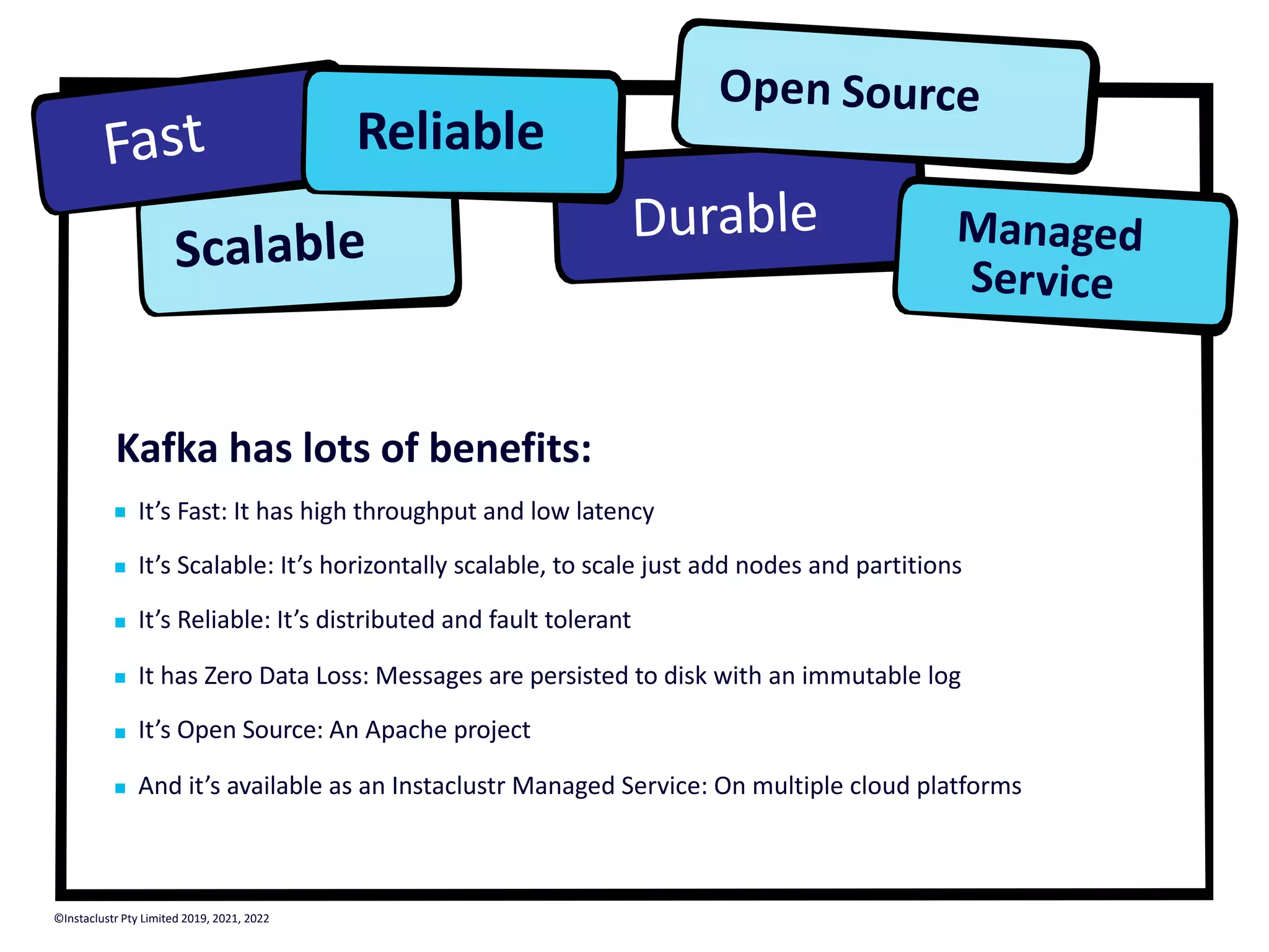 Kafka has lots of benefits: It’s Fast: It has high throughput and low latency It’s Scalable: It’s horizontally scalable, to scale just add nodes and partitions It’s Reliable: It’s distributed and fault tolerant It has Zero Data Loss: Messages are persisted to disk with an immutable log It’s Open Source: An Apache project And it’s available as an Instaclustr Managed Service: On multiple cloud platforms Managed Service Fast Scalable Reliable Durable Open Source ©Instaclustr Pty Limited 2019, 2021, 2022 