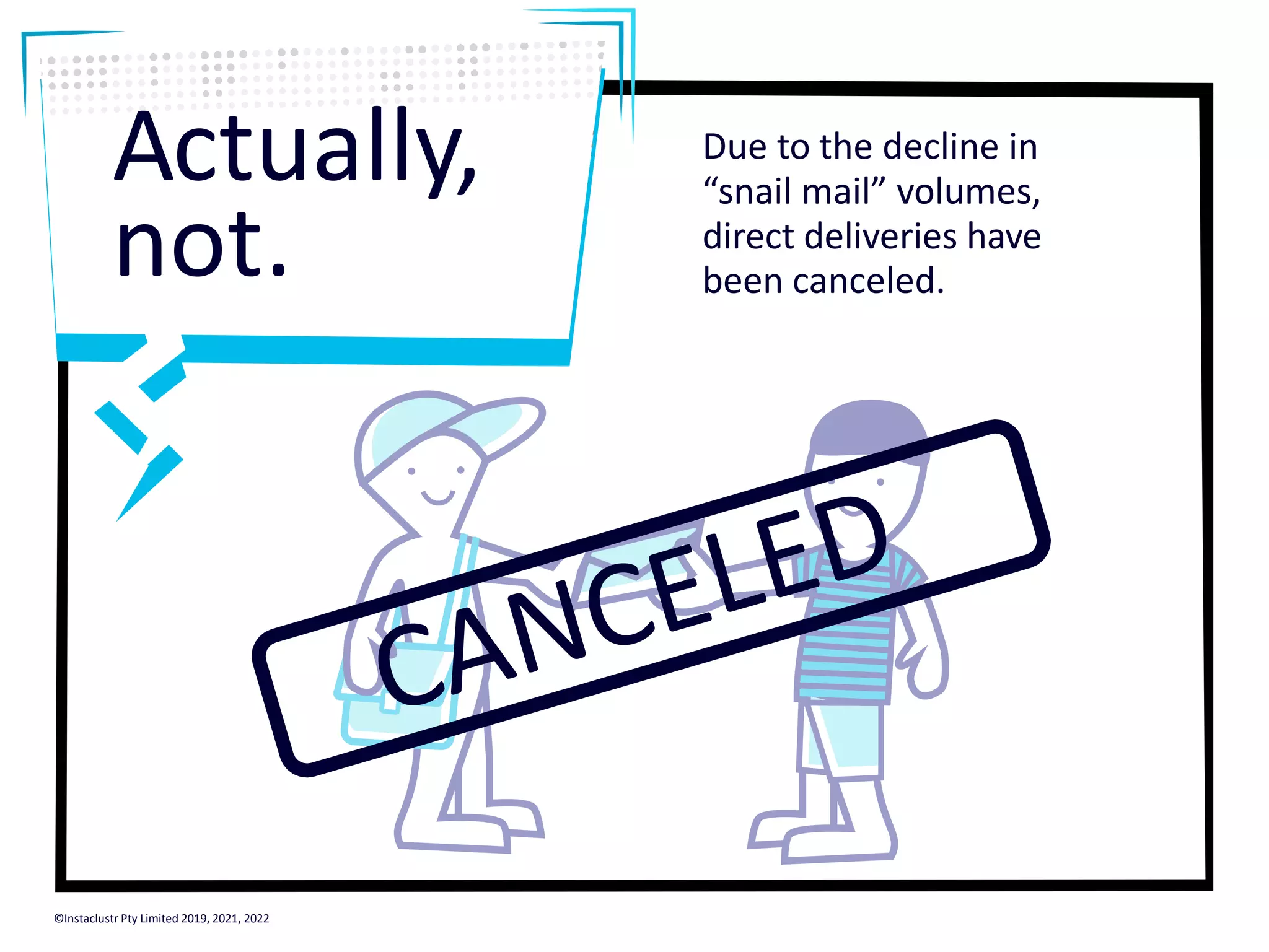 Due to the decline in “snail mail” volumes, direct deliveries have been canceled. CANCELED Actually, not. ©Instaclustr Pty Limited 2019, 2021, 2022 