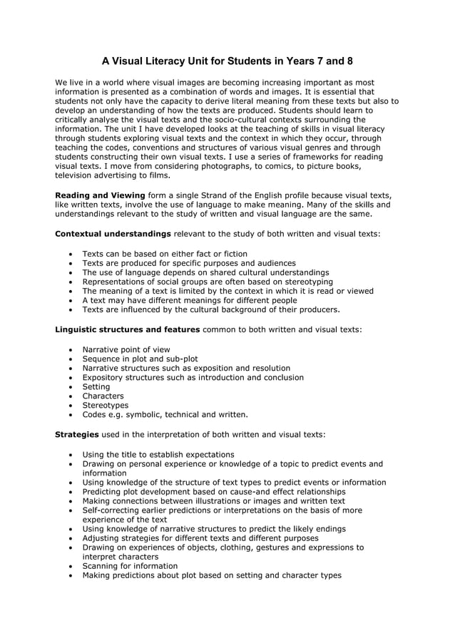 A visual literacy unit for students in years 7 and 8 | DOCX | Art and ...