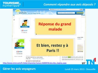 Comment répondre aux avis déposés ?




                                             Vous n’avez qu’à
                                               Chambres sales
                                           Réponse du grand
                                            couper la clim et le
                                                  Humidité
                                                  malade
                                           Climatisation bruyante
                                                    chauffage !

                                        Vous n’allez pas
                                      qui monsieurveulent
                                      Ce bien, restez yet
                                       Et veulent tout un
                                        Les clients en est
                                       Le genre de clientsà
                                       m’apprendre mon
                                        ne rien malade
                                          grand payer !
                                             toujours plus
                                          comme vous…
                                               Paris !!
                                              métier !

http://www.vinivi.com/fr-Hotel-Charente-France-r5000978-Avis-Ibis_Cognac.aspx


Gérer les avis voyageurs                                                   Lundi 25 mars 2013 - Deauville
 