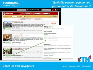 Quel rôle peuvent y jouer les
                           gestionnaires de destination ?




Gérer les avis voyageurs          Lundi 25 mars 2013 - Deauville
 