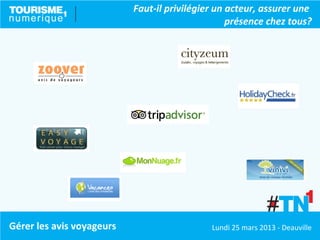 Faut-il privilégier un acteur, assurer une
                                                  présence chez tous?




Gérer les avis voyageurs                     Lundi 25 mars 2013 - Deauville
 
