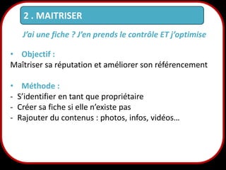 2 . MAITRISER
J’ai une fiche ? J’en prends le contrôle ET j’optimise
• Objectif :
Maîtriser sa réputation et améliorer son référencement
•
-

Méthode :
S’identifier en tant que propriétaire
Créer sa fiche si elle n’existe pas
Rajouter du contenus : photos, infos, vidéos…

11

 