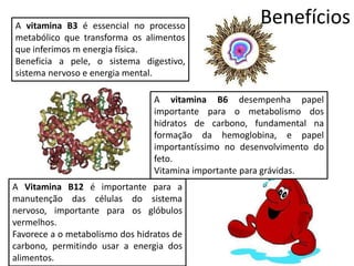 BenefíciosA vitamina B3 é essencial no processo metabólico que transforma os alimentos que inferimos m energia física. Beneficia a pele, o sistema digestivo, sistema nervoso e energia mental. A vitamina B6 desempenha papel importante para o metabolismo dos hidratos de carbono, fundamental na formação da hemoglobina, e papel importantíssimo no desenvolvimento do feto. Vitamina importante para grávidas. A Vitamina B12 é importante para a manutenção das células do sistema nervoso, importante para os glóbulos vermelhos.Favorece a o metabolismo dos hidratos de carbono, permitindo usar a energia dos alimentos.