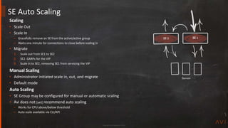 Copyright Avi Networks 2018
SE Auto Scaling
SE 1
Scaling
• Scale Out
• Scale In
– Gracefully remove an SE from the active/active group
– Waits one minute for connections to close before scaling in
• Migrate
1. Scale out from SE1 to SE2
2. SE2 GARPs for the VIP
3. Scale in to SE2, removing SE1 from servicing the VIP
Manual Scaling
• Administrator initiated scale in, out, and migrate
• Default mode
Auto Scaling
• SE Group may be configured for manual or automatic scaling
• Avi does not [yet] recommend auto scaling
– Works for CPU above/below threshold
– Auto scale available via CLI/API
 