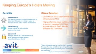 1© 2015 Cisco and/or its affiliates. All rights reserved.
“We’re completely sold on the Cisco ACI strategy.
The pay off is less need for engineering effort and
knowledge and better performing cloud services for
our customers.”
-Jasper van ’t Wout, Director Services, AVIT.
IOS operating system moves to background as
automation takes over, making it easier to
manage security policy in a live environment
Simple to scale up and add new
customers/services
Ability to deliver 24*7 multi-tenant cloud
while retaining complete network
separation between clients
• Cisco Nexus 9000 Application-Centric
Infrastructure (ACI)
• High-performing cloud platform, initially
to support managed UC/Video
approach (IaaS, PaaS, Mobile,
Wireless etc.) for hotels
50 staff Netherlands Service Provider