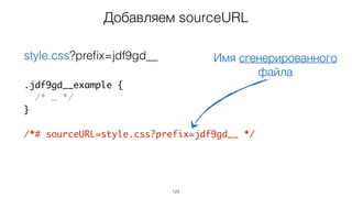 123
.jdf9gd__example {
/* … */
}
/*# sourceURL=style.css?prefix=jdf9gd__ */
style.css?preﬁx=jdf9gd__
Добавляем sourceURL
Имя сгенерированного
файла
 