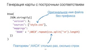 125
btoa(
JSON.stringify({
"version": 3,
"sources": ["style.css"],
"mappings":
"AAAA" + ";AACA".repeat(css.split('n').length)
})
)
Генерация карты с построчным соответствием
Оригинальное имя файла
без префикса
Повторяем ";AACA" столько раз, сколько строк
 