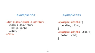 133
.example-a34fba {
padding: 2px;
}
.example-a34fba .foo {
color: red;
}
<div class="example-a34fba">
<span class="foo">
hello world
</div>
</div>
example.hbs example.css
 