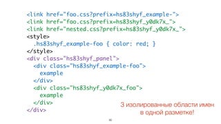 90
<link href="foo.css?prefix=hs83shyf_example-">
<link href="foo.css?prefix=hs83shyf_y0dk7x_">
<link href="nested.css?prefix=hs83shyf_y0dk7x_">
<style>
.hs83shyf_example-foo { color: red; }
</style>
<div class="hs83shyf_panel">
<div class="hs83shyf_example-foo">
example
</div>
<div class="hs83shyf_y0dk7x_foo">
example
</div>
</div>
3 изолированные области имен
в одной разметке!
 