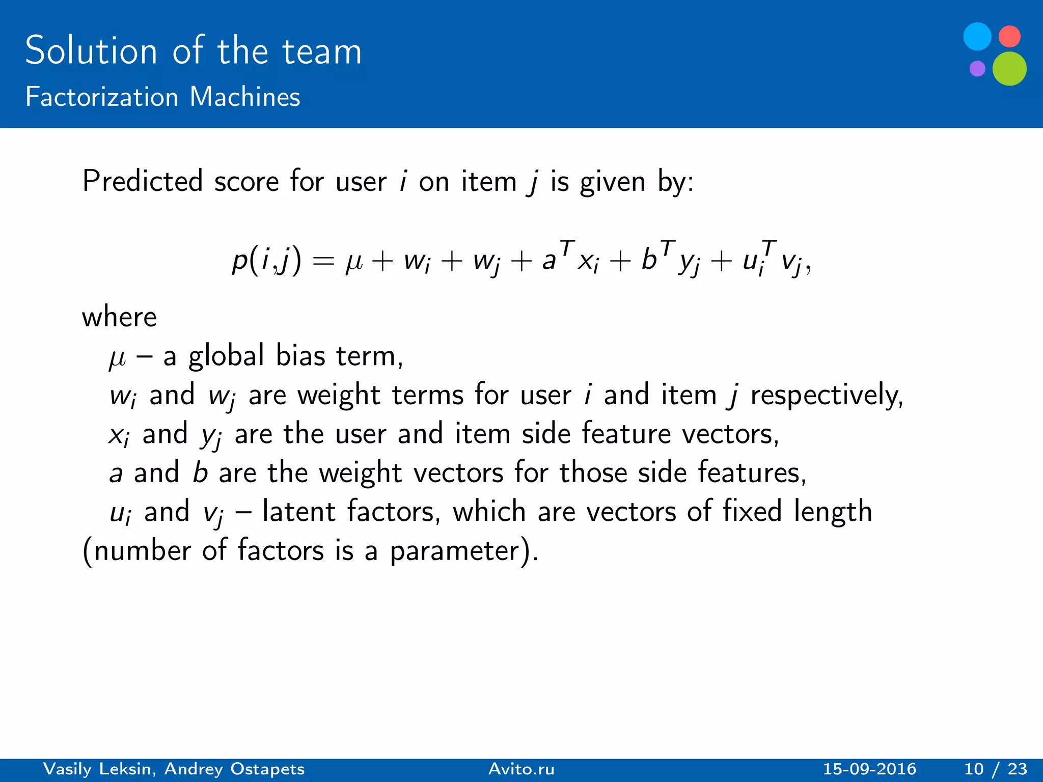 Basic elements guidelines.
Solution of the team
Factorization Machines
Predicted score for user i on item j is given by:
p(i,j) = 𝜇 + wi + wj + aT
xi + bT
yj + uT
i vj ,
where
𝜇 – a global bias term,
wi and wj are weight terms for user i and item j respectively,
xi and yj are the user and item side feature vectors,
a and b are the weight vectors for those side features,
ui and vj – latent factors, which are vectors of fixed length
(number of factors is a parameter).
Vasily Leksin, Andrey Ostapets Avito.ru 15-09-2016 10 / 23
 