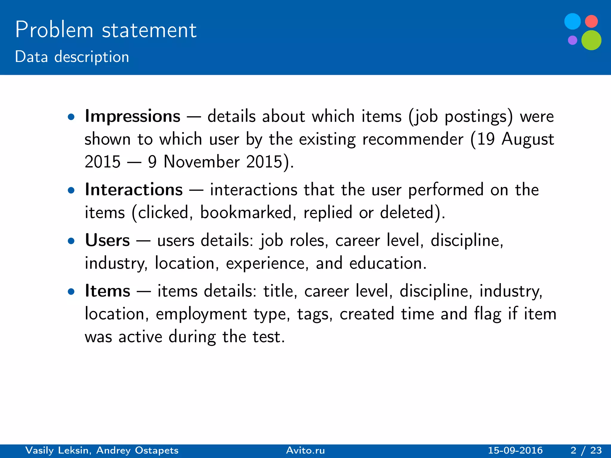 Basic elements guidelines.
Problem statement
Data description
∙ Impressions — details about which items (job postings) were
shown to which user by the existing recommender (19 August
2015 — 9 November 2015).
∙ Interactions — interactions that the user performed on the
items (clicked, bookmarked, replied or deleted).
∙ Users — users details: job roles, career level, discipline,
industry, location, experience, and education.
∙ Items — items details: title, career level, discipline, industry,
location, employment type, tags, created time and flag if item
was active during the test.
Vasily Leksin, Andrey Ostapets Avito.ru 15-09-2016 2 / 23
 