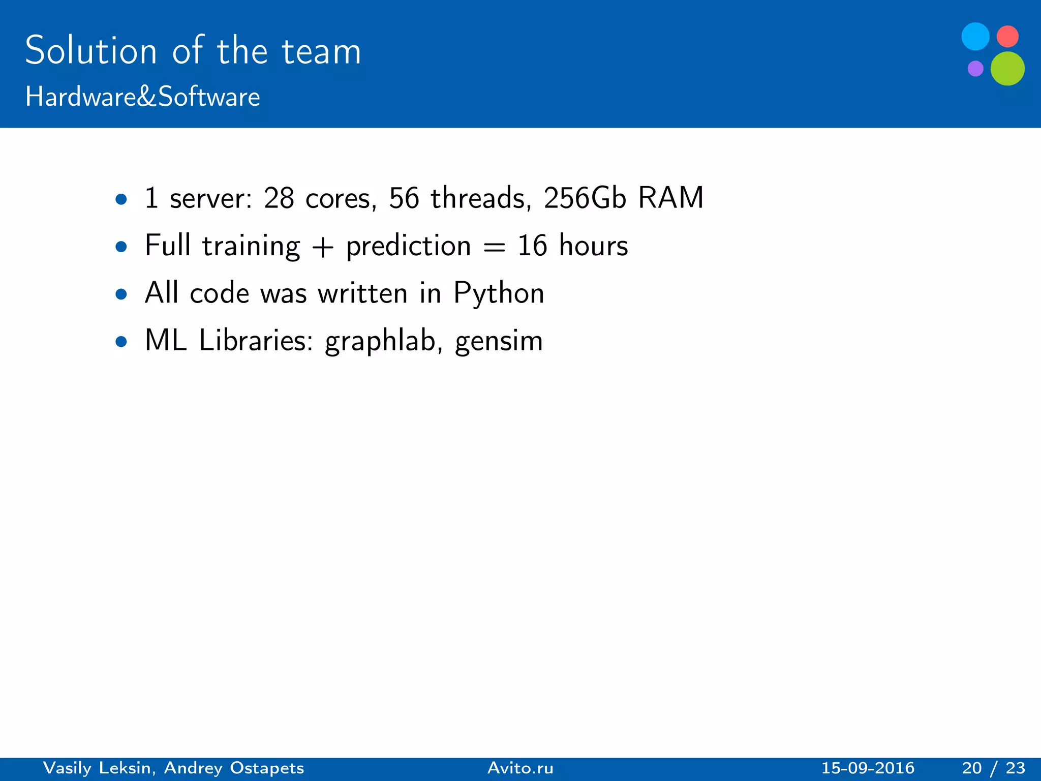Basic elements guidelines.
Solution of the team
Hardware&Software
∙ 1 server: 28 cores, 56 threads, 256Gb RAM
∙ Full training + prediction = 16 hours
∙ All code was written in Python
∙ ML Libraries: graphlab, gensim
Vasily Leksin, Andrey Ostapets Avito.ru 15-09-2016 20 / 23
 