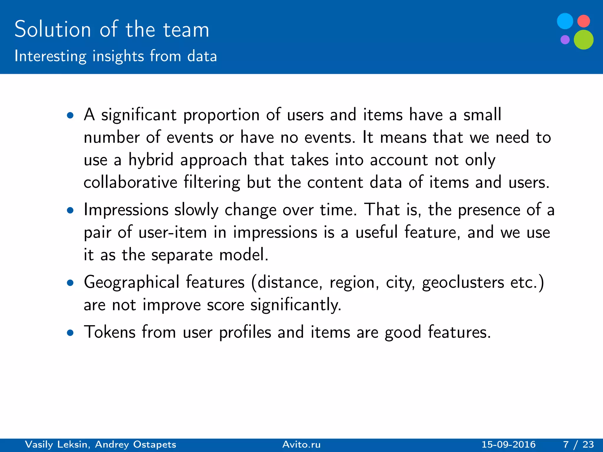 Basic elements guidelines.
Solution of the team
Interesting insights from data
∙ A significant proportion of users and items have a small
number of events or have no events. It means that we need to
use a hybrid approach that takes into account not only
collaborative filtering but the content data of items and users.
∙ Impressions slowly change over time. That is, the presence of a
pair of user-item in impressions is a useful feature, and we use
it as the separate model.
∙ Geographical features (distance, region, city, geoclusters etc.)
are not improve score significantly.
∙ Tokens from user profiles and items are good features.
Vasily Leksin, Andrey Ostapets Avito.ru 15-09-2016 7 / 23
 