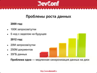 Проблемы роста данных
    2009 год:

●   100К запросов/сутки
●   5 нод с заделом на будущее

    2012 год:

●   20М запросов/сутки
●   250М документов
●   35ГБ данных

    Проблема одна — медленная синхронизация данных на диск
 