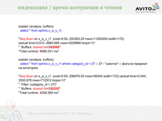 индексация / время построения и чтения


explain (analyze, buffers)
 select * from sphinx.x_a_v_i1;

"Seq Scan on x_a_v_i1 (cost=0.00..293363.20 rows=11283200 width=172)
(actual time=0.014..4880.666 rows=4229686 loops=1)"
" Buffers: shared hit=282080"
"Total runtime: 8996.531 ms"

explain (analyze, buffers)
 select * from sphinx.x_a_v_i1 where category_id = 27 -- 27 - "шмотки" -- фильтр-предикат
на категорию

"Seq Scan on x_a_v_i1 (cost=0.00..296876.50 rows=56440 width=172) (actual time=0.044..
3593.978 rows=712912 loops=1)"
" Filter: (category_id = 27)"
" Buffers: shared hit=282202"
"Total runtime: 4308.269 ms"




      Sphinx User Conference 2011, St. Petersburg
 