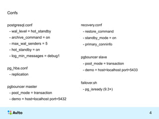 КОЛОНТИТУЛ: ТЕМА ПРЕЗЕНТАЦИИ 4 
Confs 
postgresql.conf 
- wal_level = hot_standby 
- archive_command = on 
- max_wal_senders = 5 
- hot_standby = on 
- log_min_messages = debug1 
pg_hba.conf 
- replication 
pgbouncer master 
- pool_mode = transaction 
- demo = host=localhost port=5432 
recovery.conf 
- restore_command 
- standby_mode = on 
- primary_conninfo 
pgbouncer slave 
- pool_mode = transaction 
- demo = host=localhost port=5433 
failover.sh 
- pg_isready (9.3+) 
 