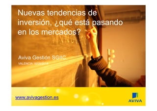 Nuevas tendencias de 
inversión, ¿qué está pasando 
en los mercados? 
Aviva Gestión SGIIC. 
VALENCIA 16/09/2014 
www.avivagestion.es 
 