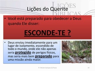 Lições do Querite
• Você está preparado para obedecer a Deus
  quando Ele disser:

             ESCONDE-TE ?
• Deus enviou imediatamente para um
  lugar de isolamento, escondido de
  todo o mundo, onde ele não apenas
  seria protegido de perigos físicos,
  mas seria mais bem preparado para
  uma missão ainda maior.

                       Pr. Moisés Sampaio de Paula   14
 