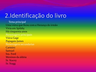 2.Identificação do livro 
Tema principal 
Uma viúva que ficou com a Herança do irmão 
Vivia em Spilsby 
Há cinquenta anos 
Personagens principais 
Viúva Gage 
Papagaio James 
Personagens secundarias 
Carteiro 
Samuel 
Sra. Ford 
Meninos da aldeia 
Sr. Stacey 
Sr. Stagg 
 