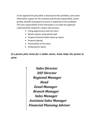 In this segment the job profile is disclosed to the candidate, some extra
information is given for the company and the job responsibility, career
growth, benefits and payout structure is explained to the candidate.
The main responsibility of the interviewer is to make the applicant
understand the company’s unique sales process.
 Fixing appointment with the client.
 Needs analysis using opinion poll.
 Prepare financial health check-up report.
 Proposal signing.
 Presentation to the client.
 Analyzing the report.
If a person joins Aviva for a stable career, Aviva helps the person to
grow.
Sales Director
DSF Director
Regional Manager
Head
Zonal Manager
Branch Manager
Sales Manager
Assistant Sales Manager
Financial Planning Advisor
 