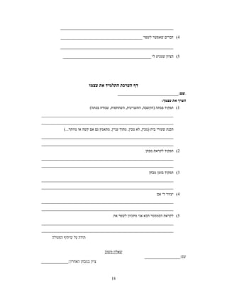 ‫______________________________________________________‬

           ‫4( דברים שאפשר לשפר _______________________________________‬

          ‫______________________________________________________‬

            ‫5( הציון שמגיע לי __________________________________________‬




                             ‫דף הערכת התלמיד את עצמו‬
                                                ‫.שם:_____________________________‬
                                                                            ‫הערך את עצמך:‬
                             ‫1( תפקוד בכתה )הקשבה, התעניינות, השתתפות, עבודה בכתה(‬
‫_______________________________________________________________‬
‫_______________________________________________________________‬
             ‫הכנת שעורי בית )מכין, לא מכין, מתוך עניין, מתאמץ גם אם קשה או מוותר...(‬
‫_______________________________________________________________‬
‫_______________________________________________________________‬
                                                                 ‫2( תפקוד לקראת מבחן‬
‫_______________________________________________________________‬
‫_______________________________________________________________‬
                                                                    ‫3( תפקוד בזמן מבחן‬
‫_______________________________________________________________‬
‫_______________________________________________________________‬
                                                                         ‫4( יעזור לי אם‬
‫_______________________________________________________________‬
‫_______________________________________________________________‬
                                             ‫5( לקראת הסמסטר הבא אני מתכוון לשפר את‬
‫_______________________________________________________________‬
‫_______________________________________________________________‬
      ‫תודה על שיתוף הפעולה‬


                                       ‫שאלון משוב‬
                                                                 ‫שם:_________________‬
‫ציון במבחן האחרון:_____________‬



                                           ‫81‬
 